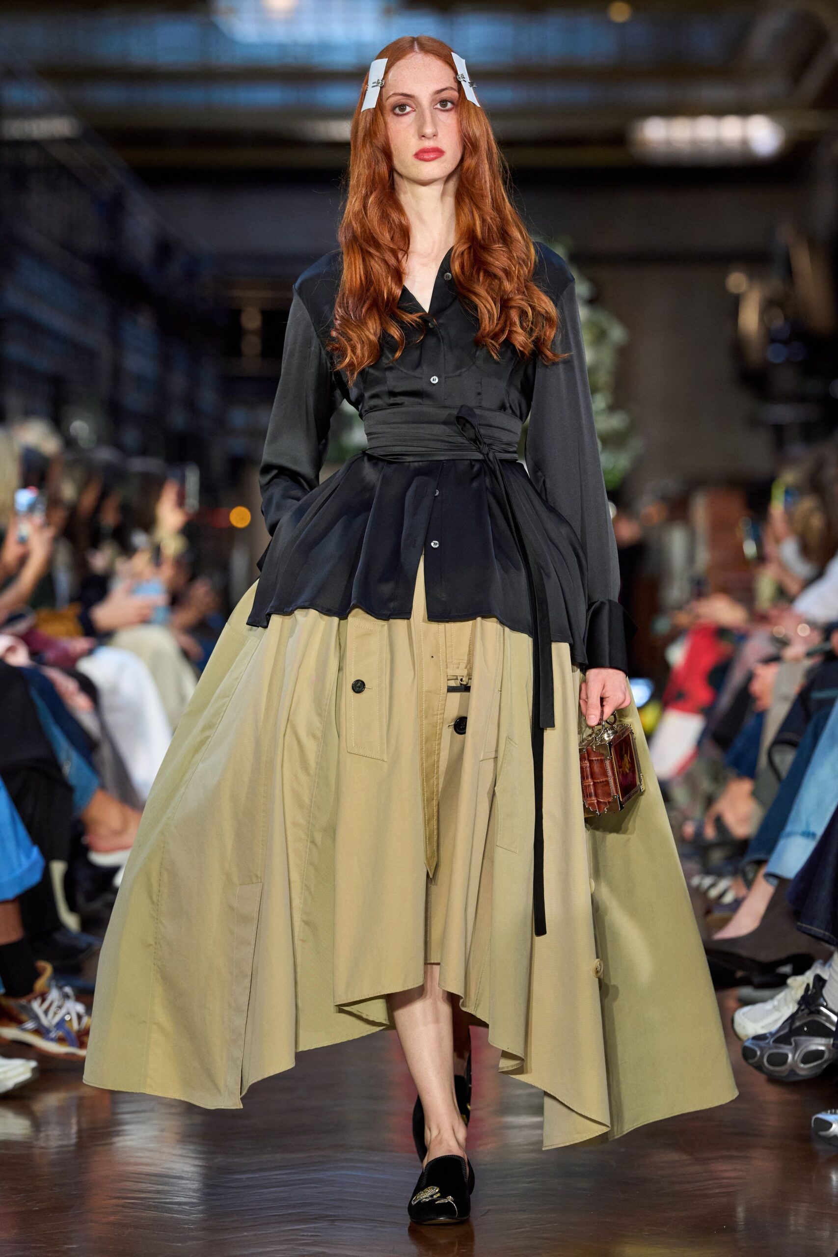 beige cotton asymmetric relaxed pleated pockets midi skirt