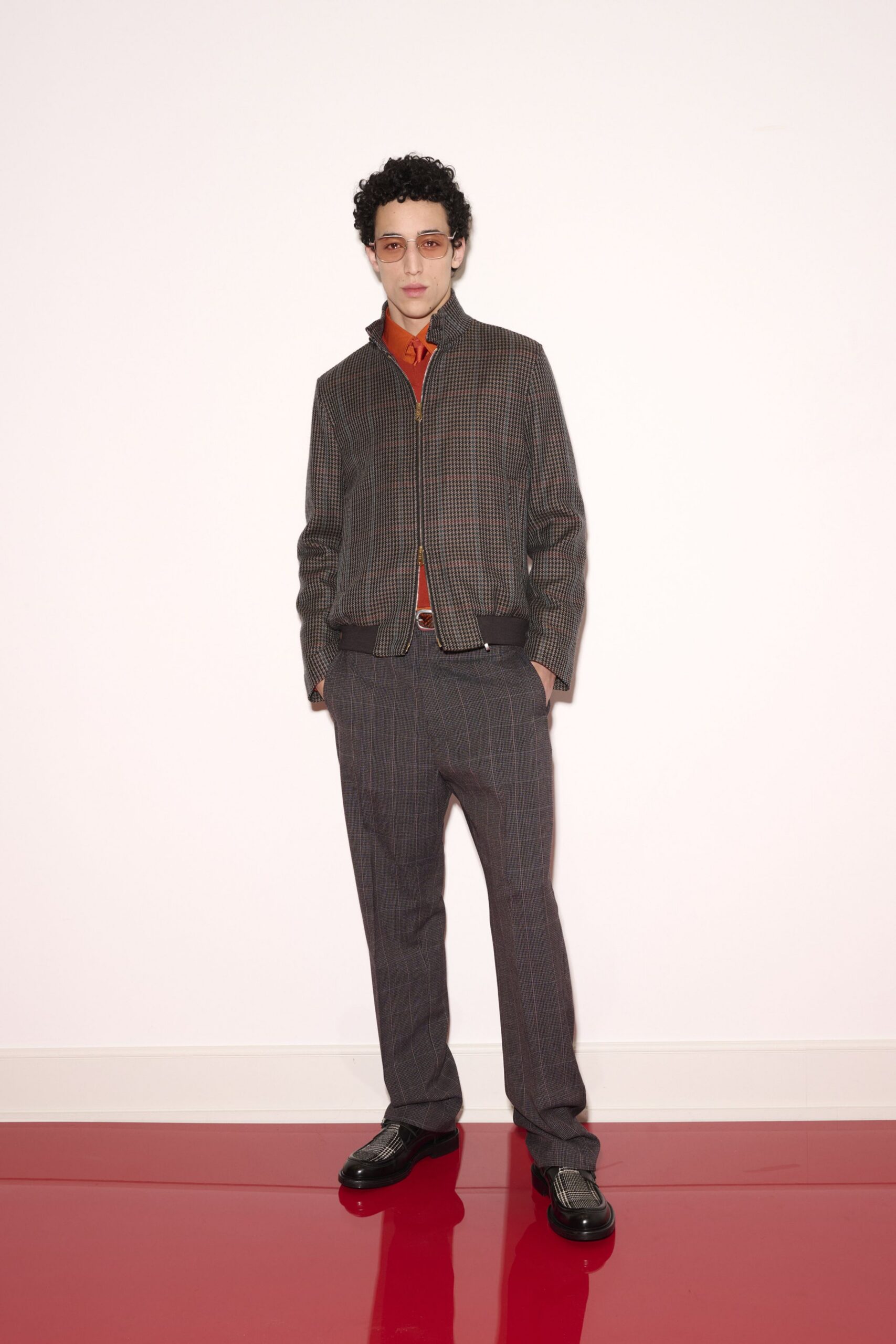 gray wool long-sleeve collared structured checked buttoned jacket