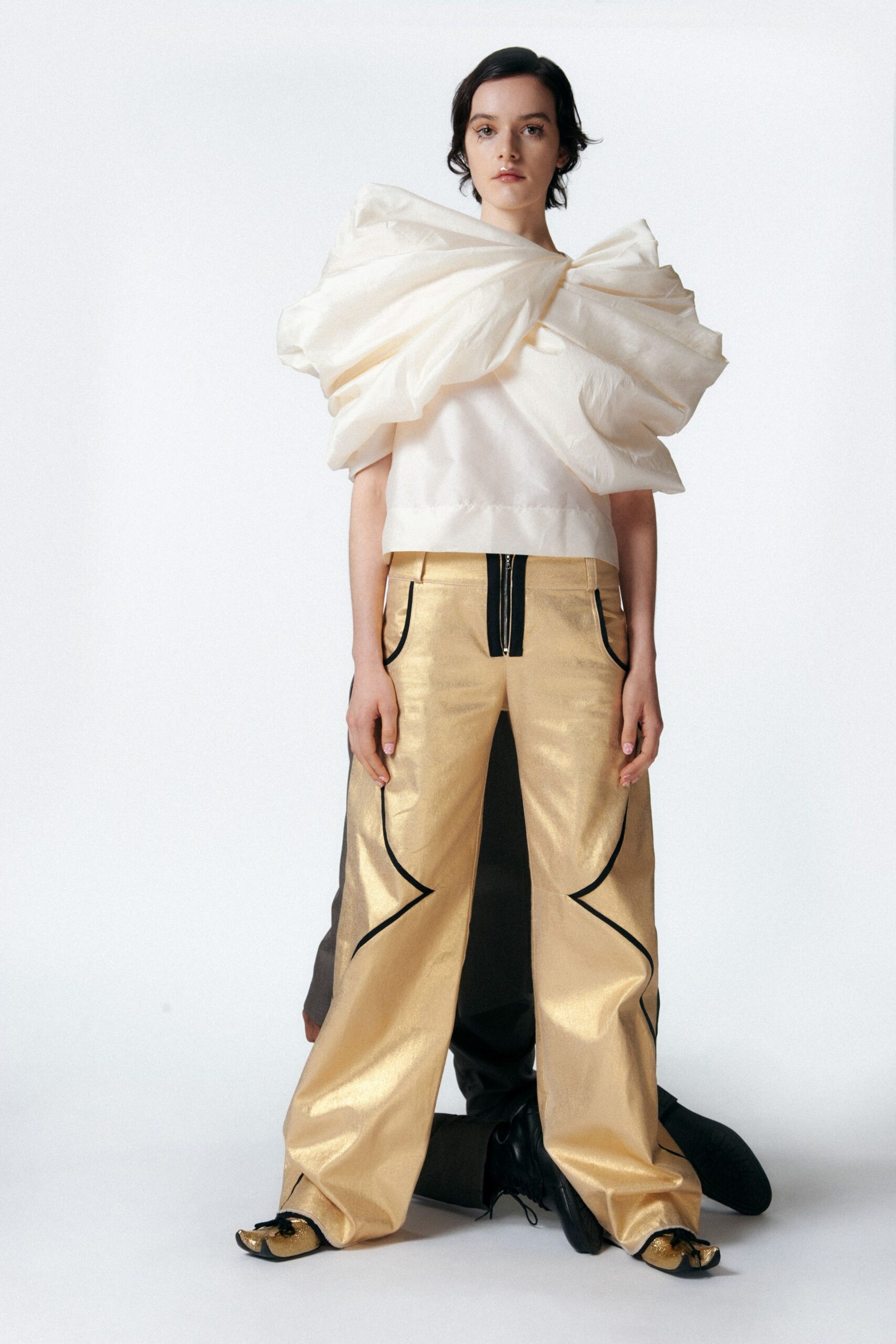 gold silk relaxed wide-leg zippered shiny pants