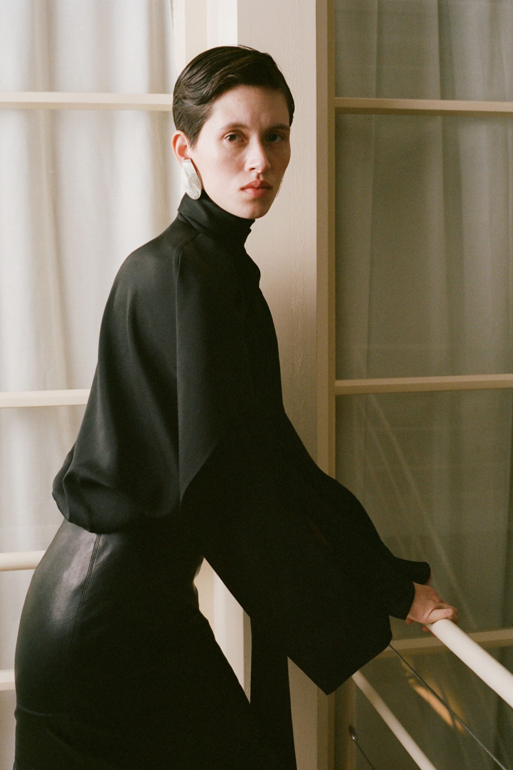 black silk long-sleeve midi dress