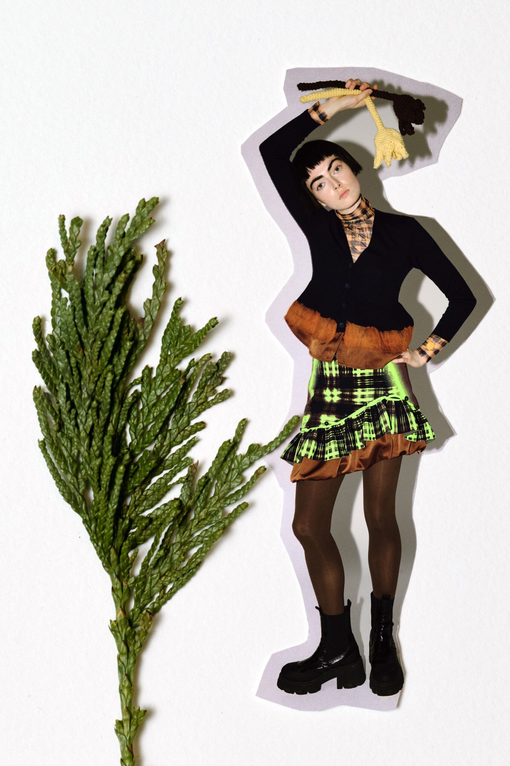 green cotton fitted pleated mini skirt