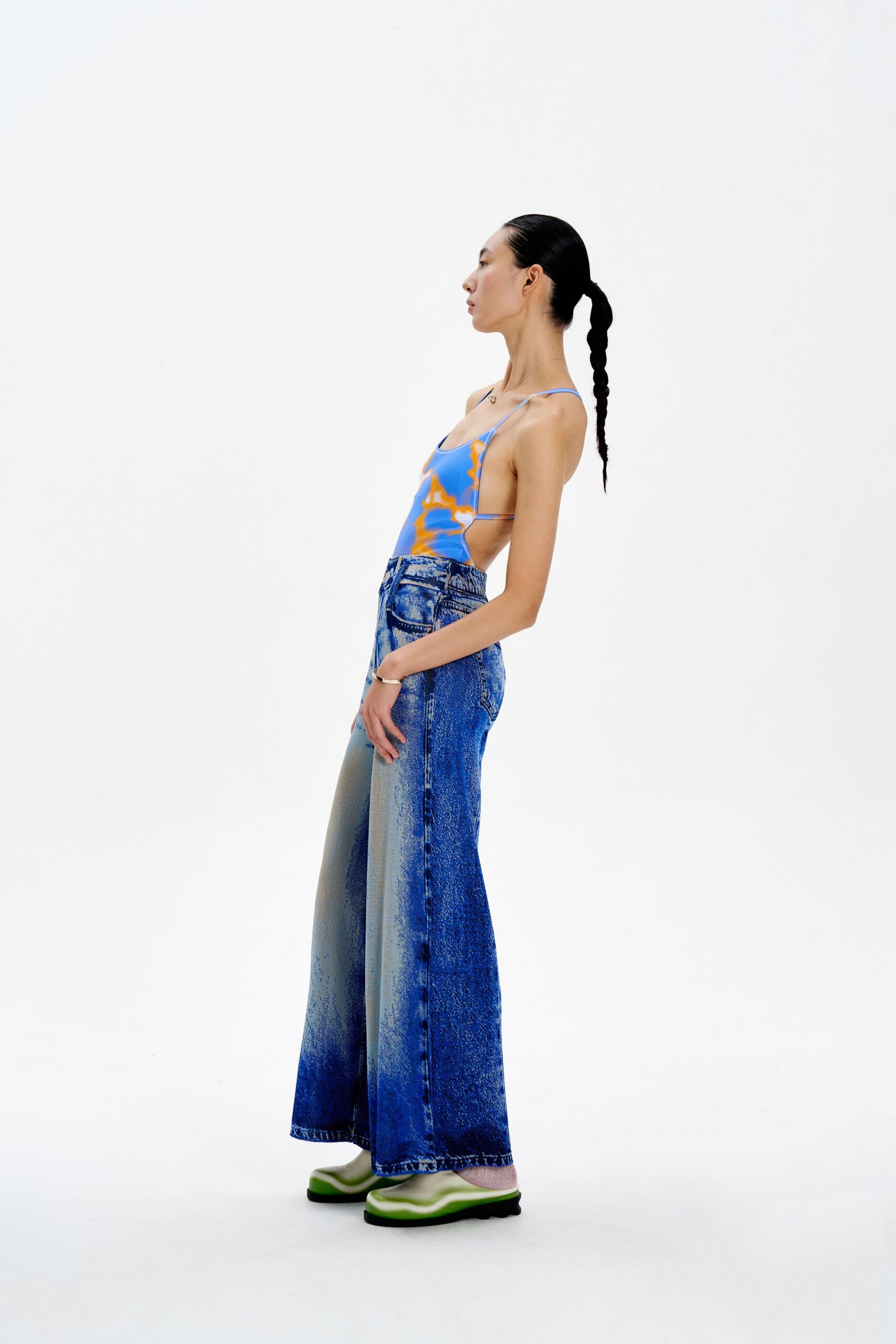 blue printed top with wide-leg jeans