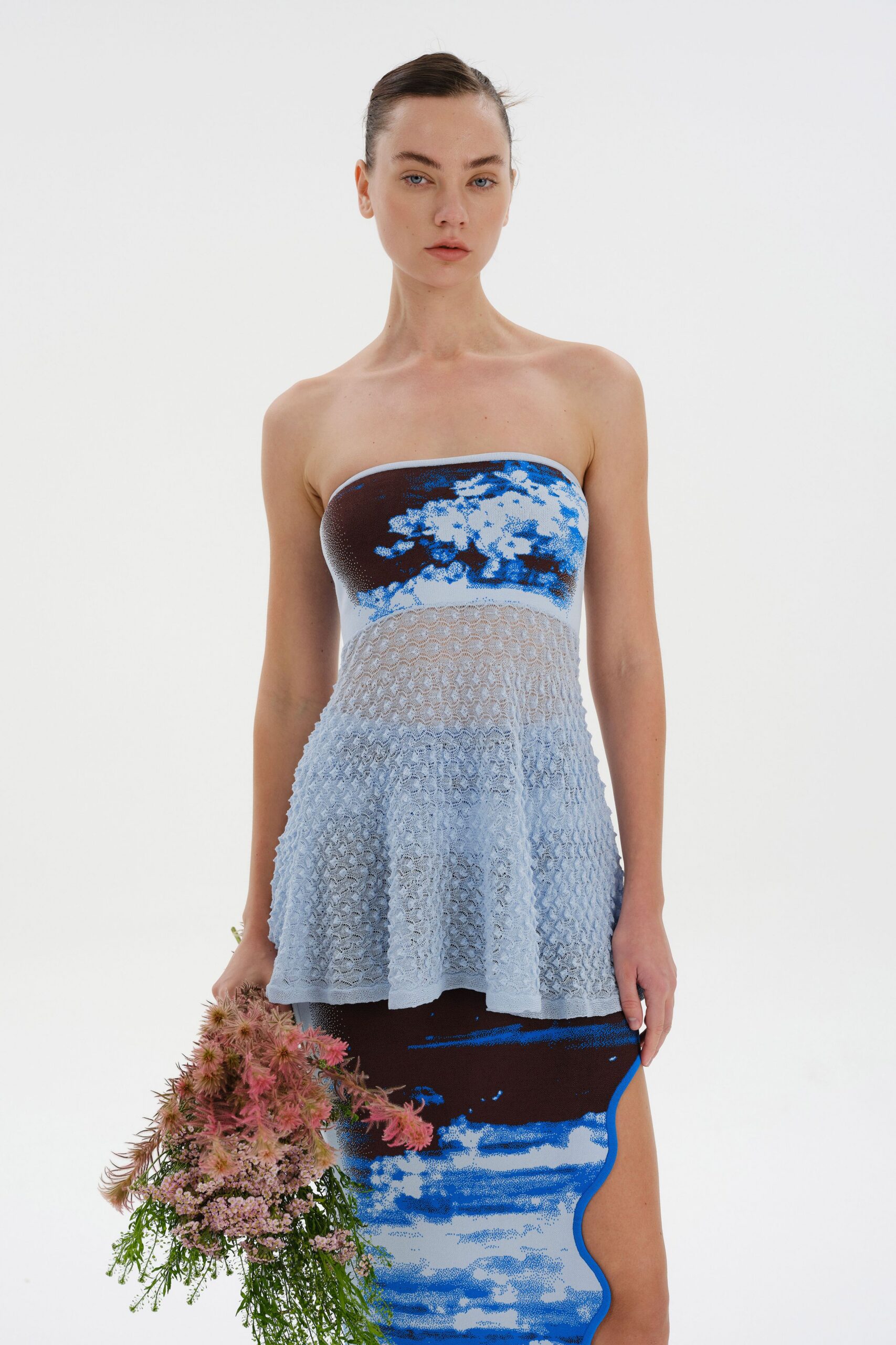 blue and brown strapless mini dress