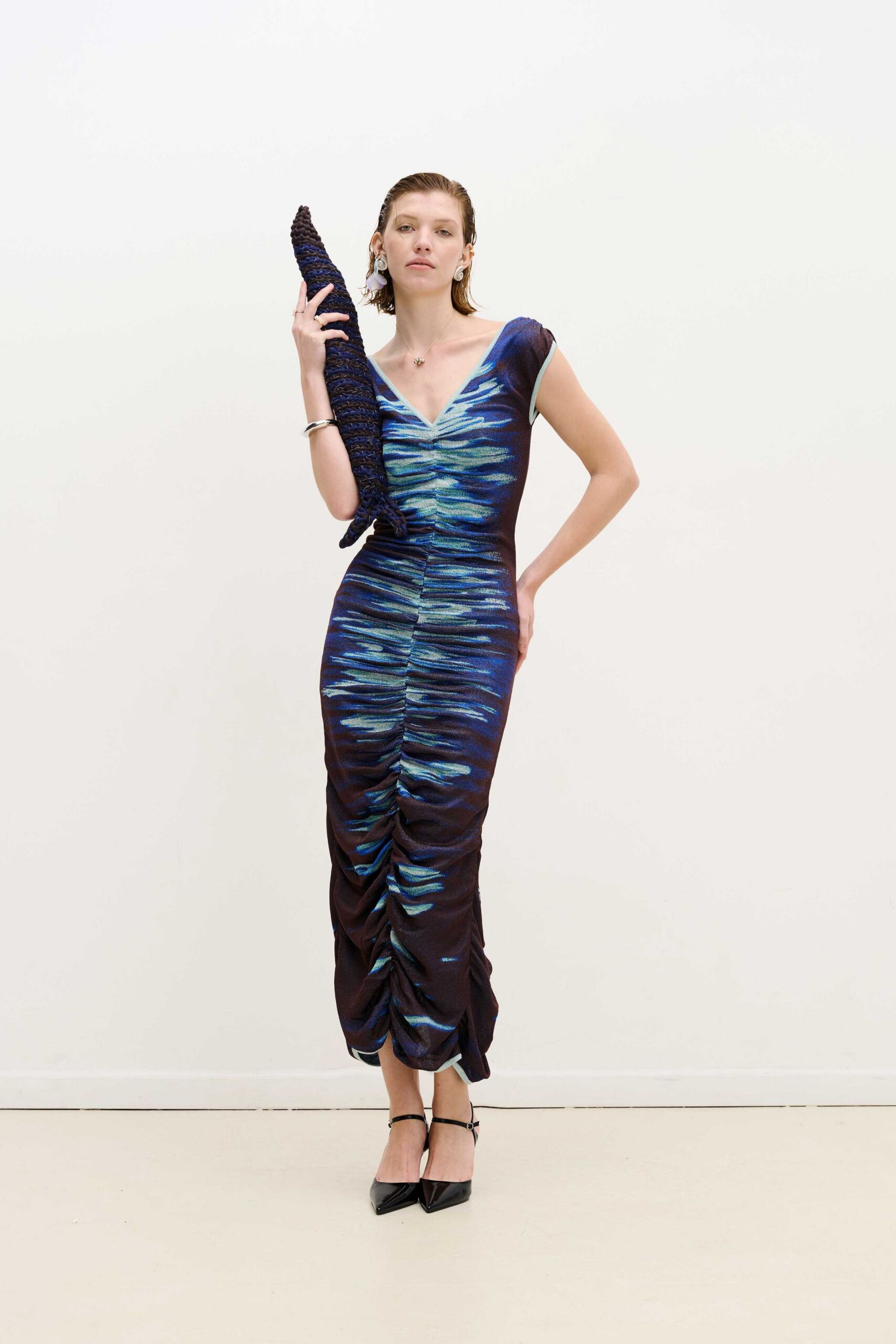 fitted blue and black ruched dress