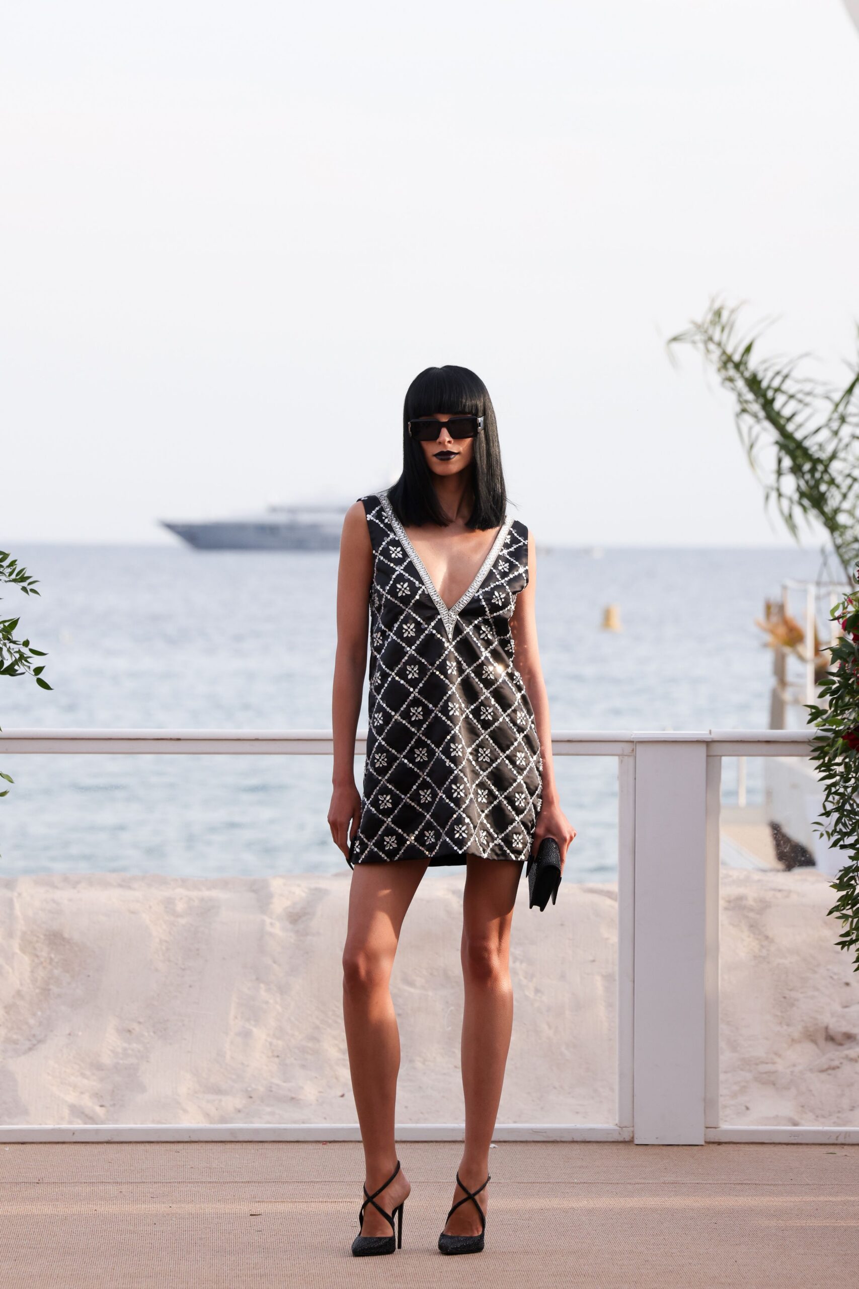 black cotton sleeveless v-neck fitted embroidered a-line dress