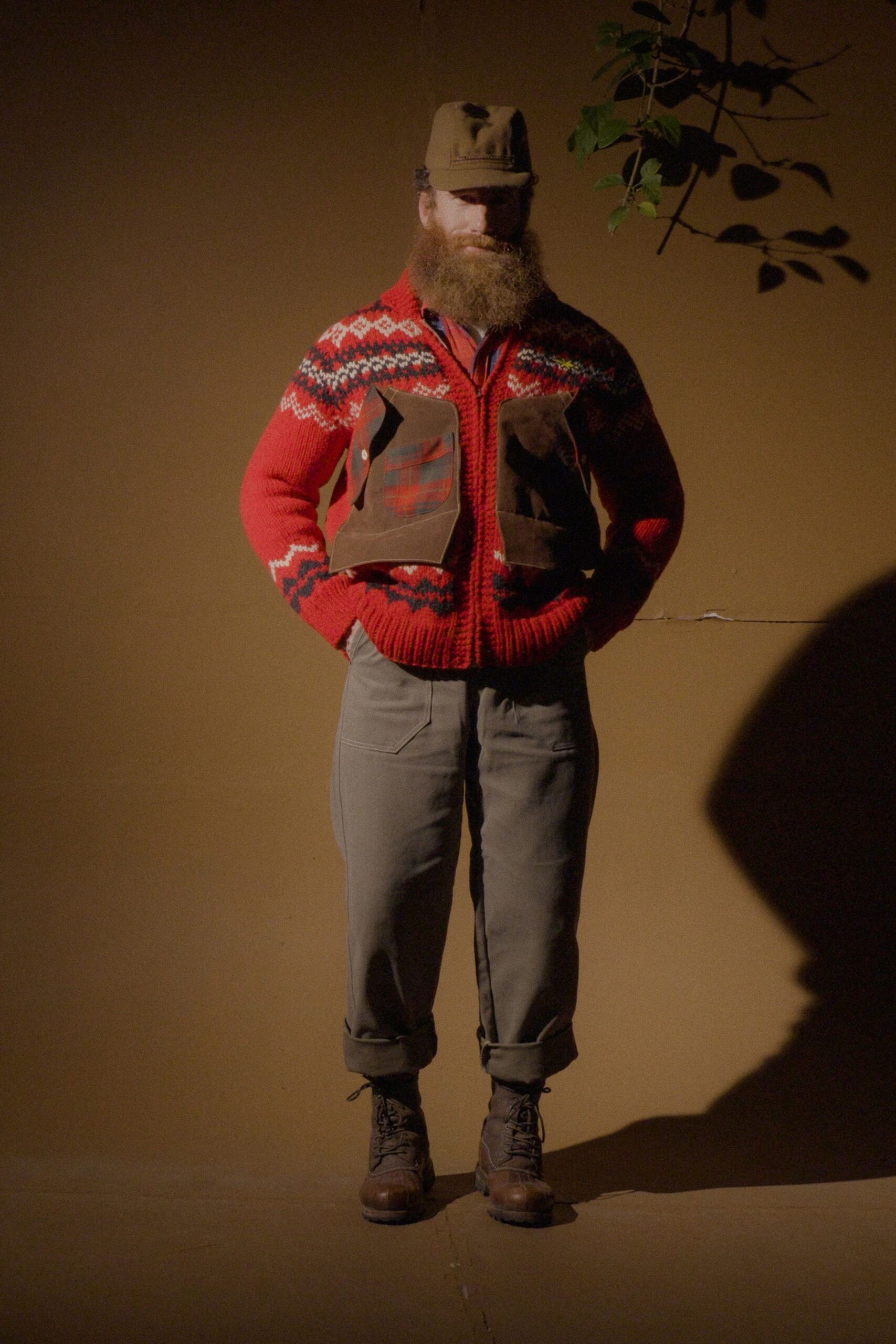 red wool long-sleeve collared relaxed embroidered cardigan
