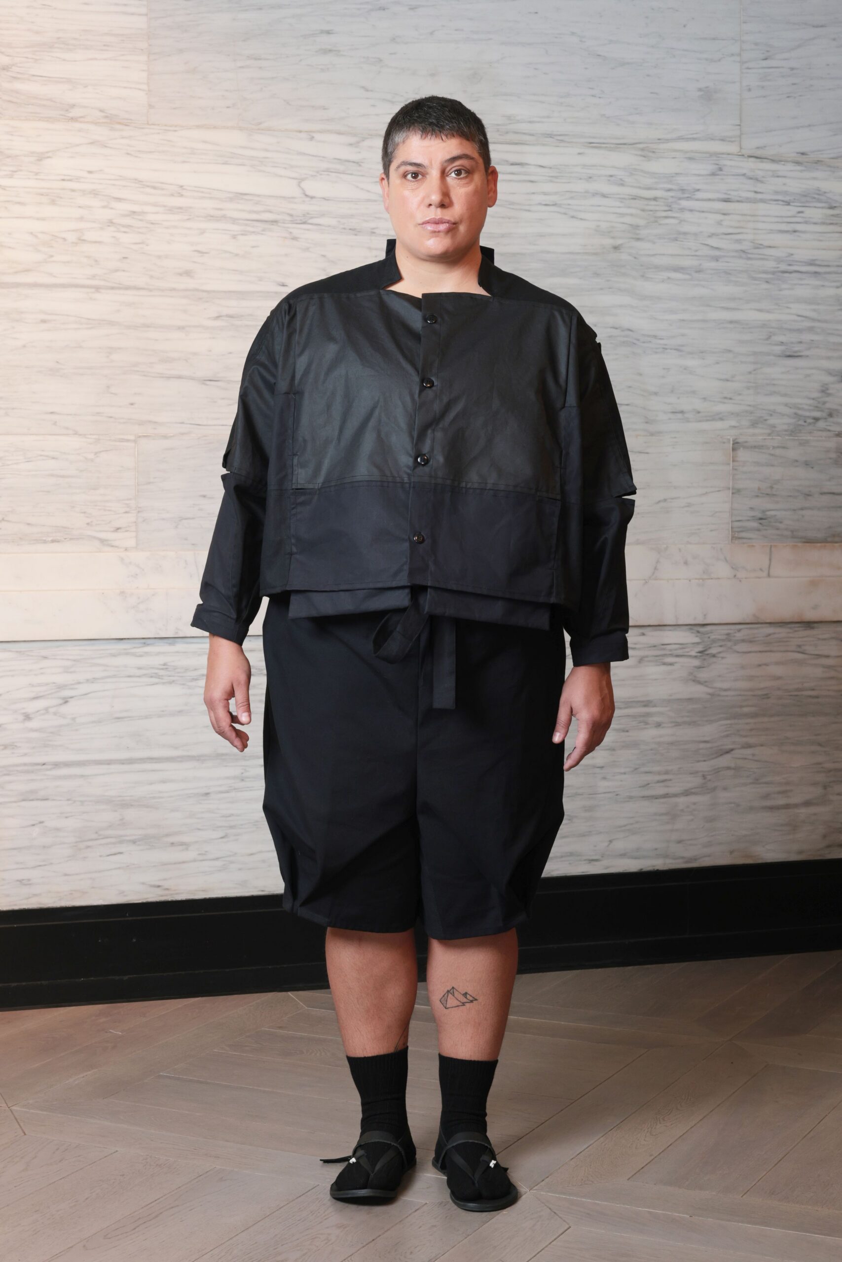black relaxed jacket and shorts