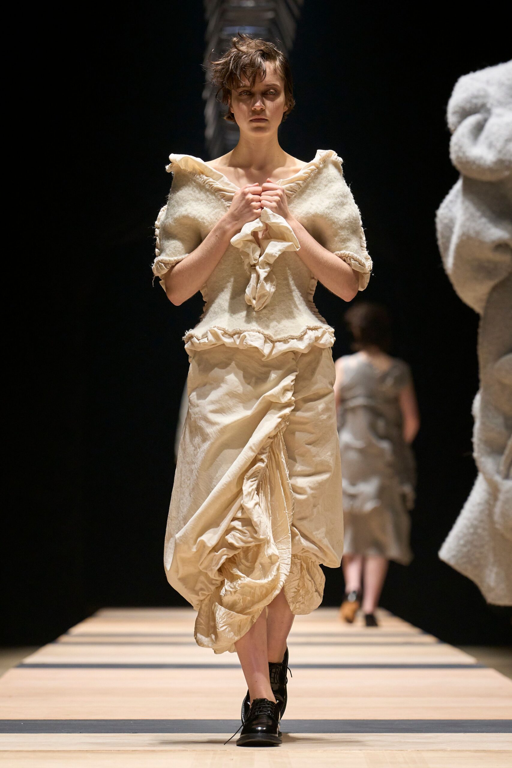 beige cotton short-sleeve v-neck fitted ruffled draped dress