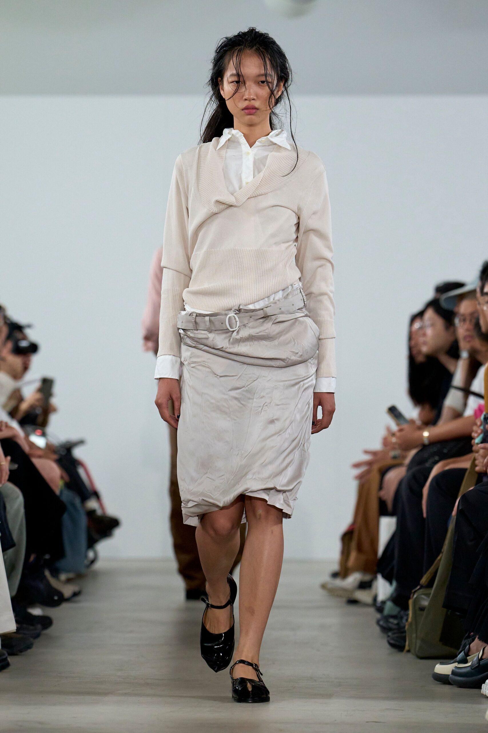 white fitted top gray skirt