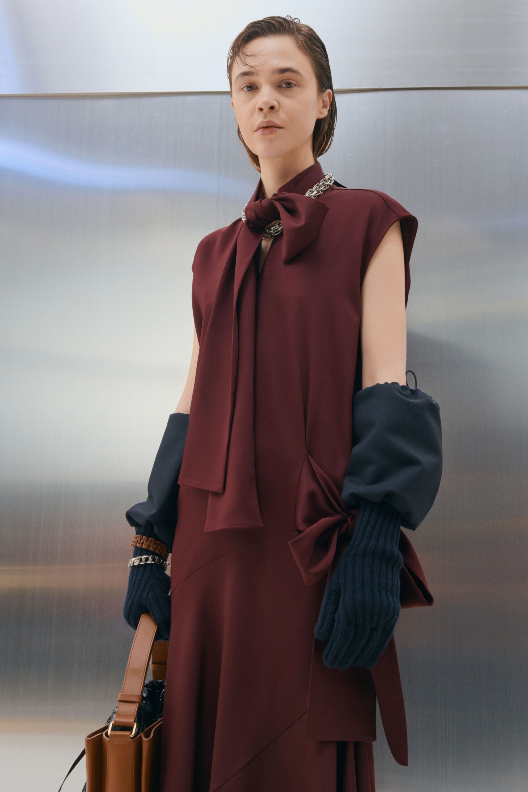 maroon silk sleeveless v-neck fitted draped midi dress