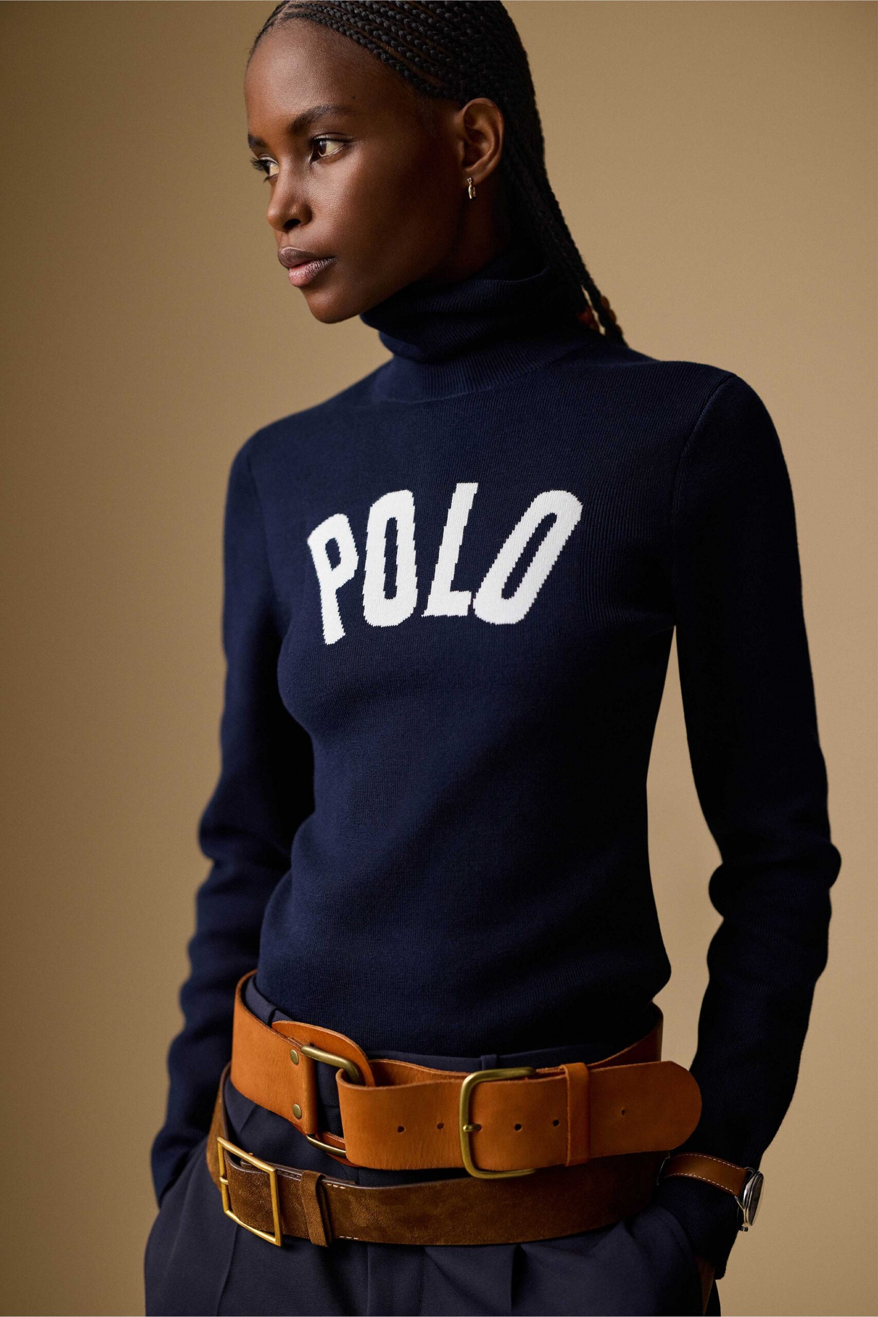 blue cotton long-sleeve turtleneck fitted printed sweater