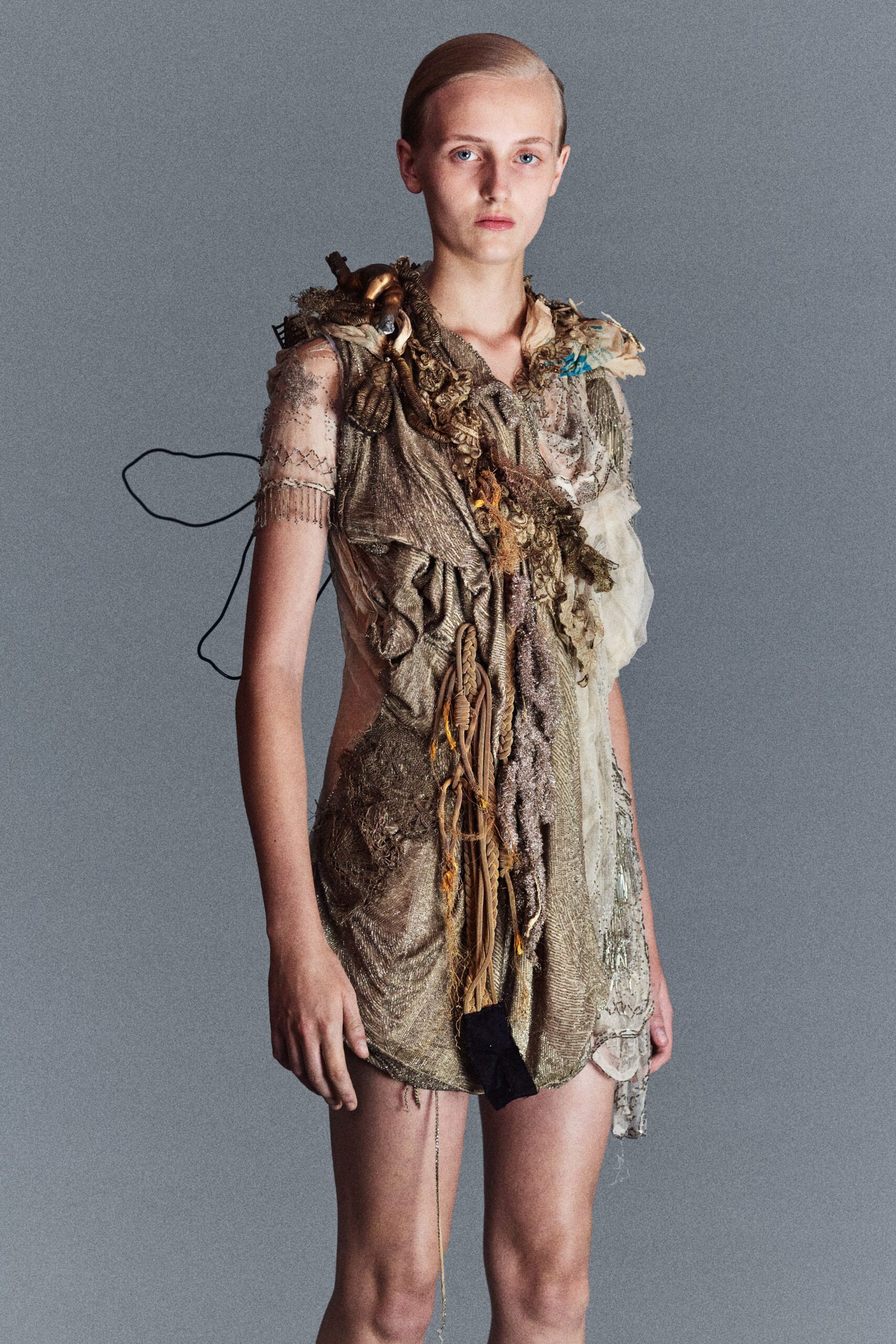 gold silk lace ruffled dress