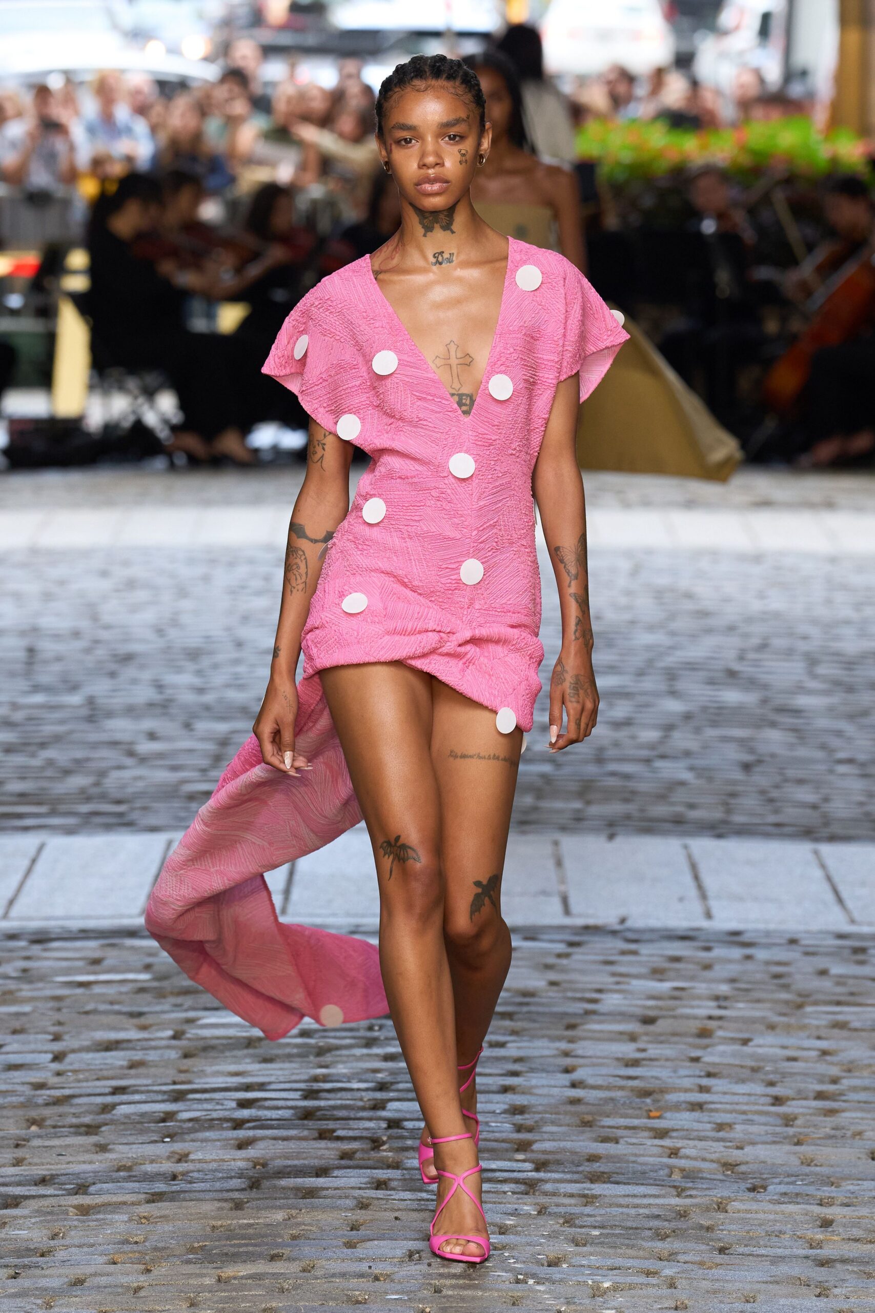 pink cotton short-sleeve v-neck fitted draped buttoned dress