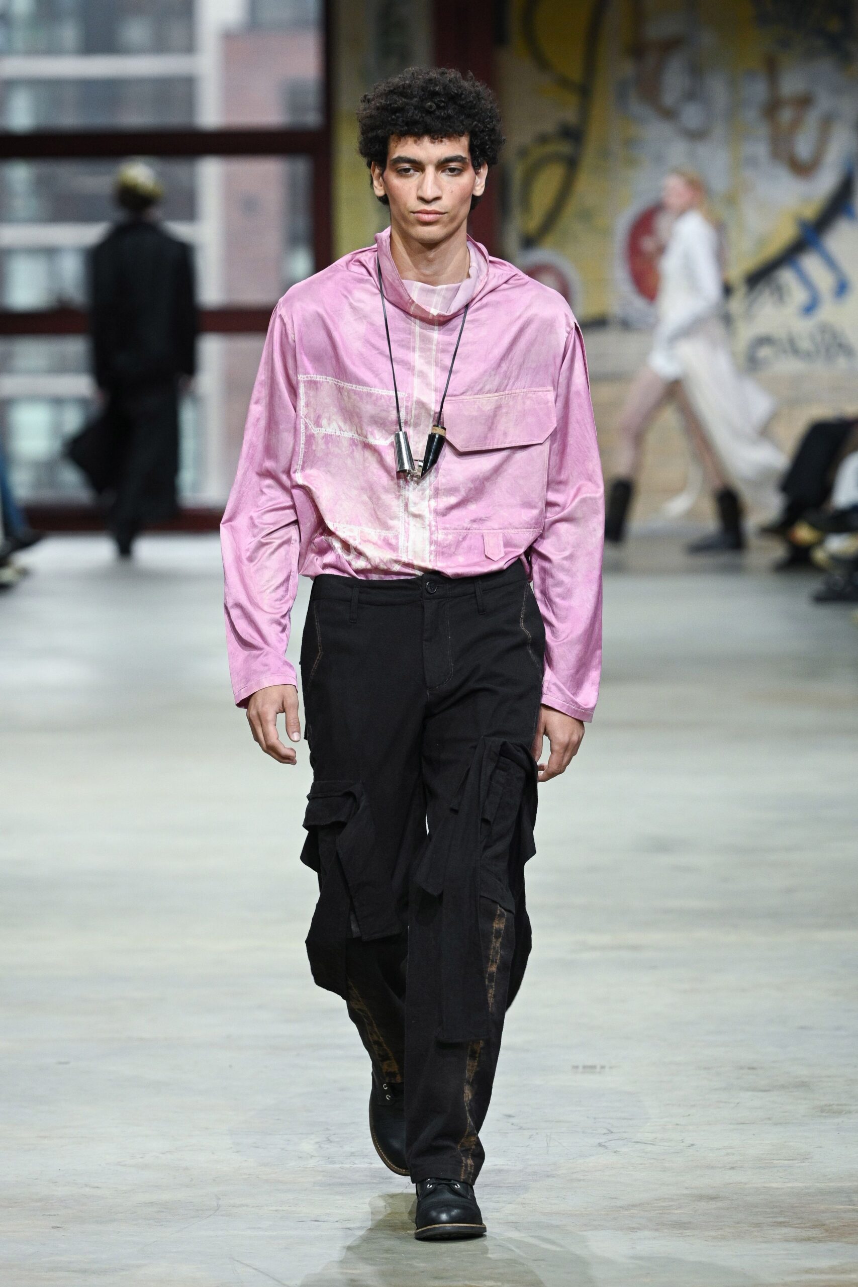 pink silk long-sleeve collared relaxed buttoned shirt