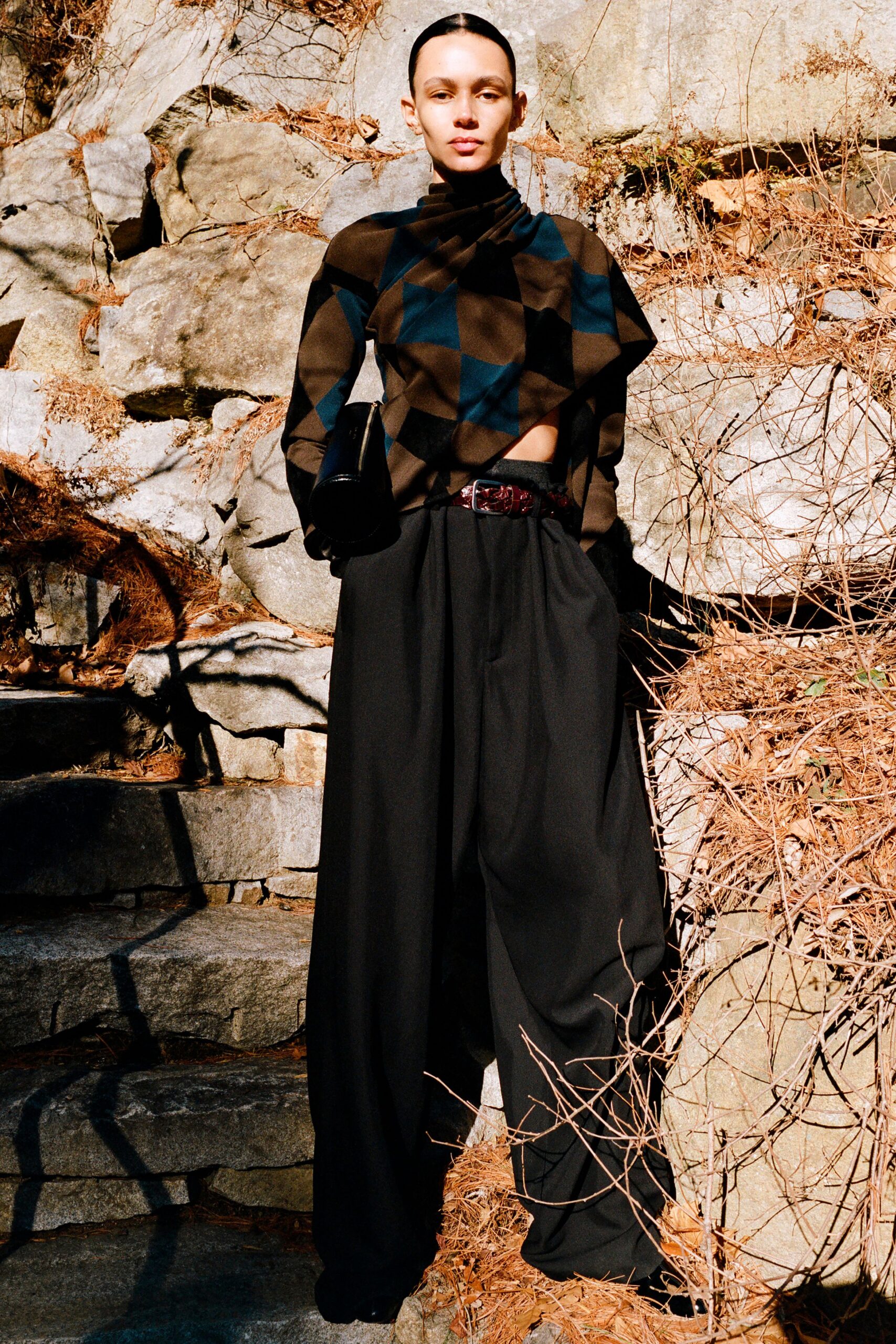 brown cotton long-sleeve high-neck relaxed printed top