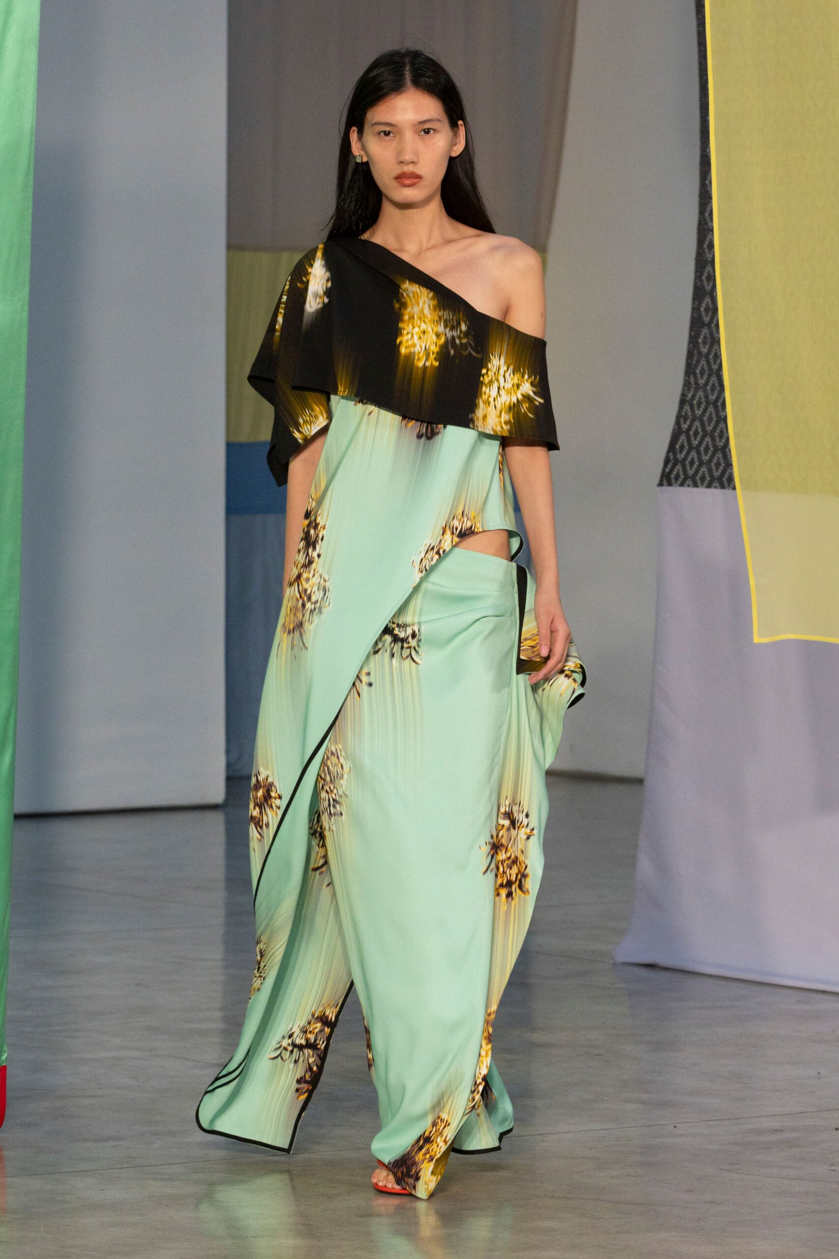 green silk off-shoulder fitted floral draped flowing gown
