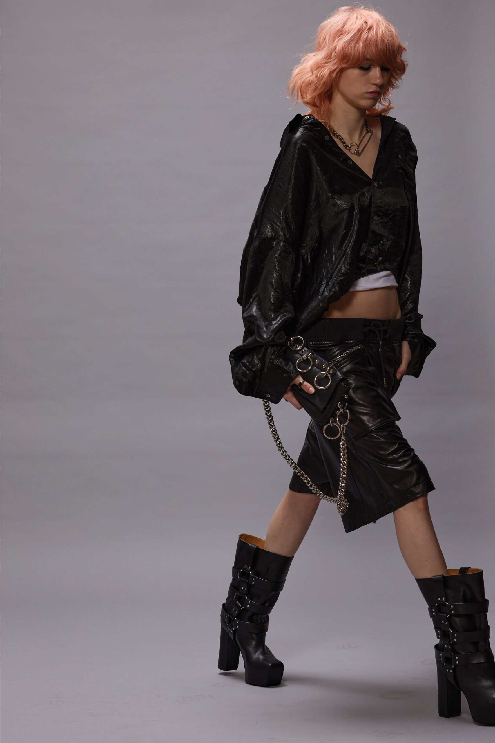 black vinyl hoodie and skirt