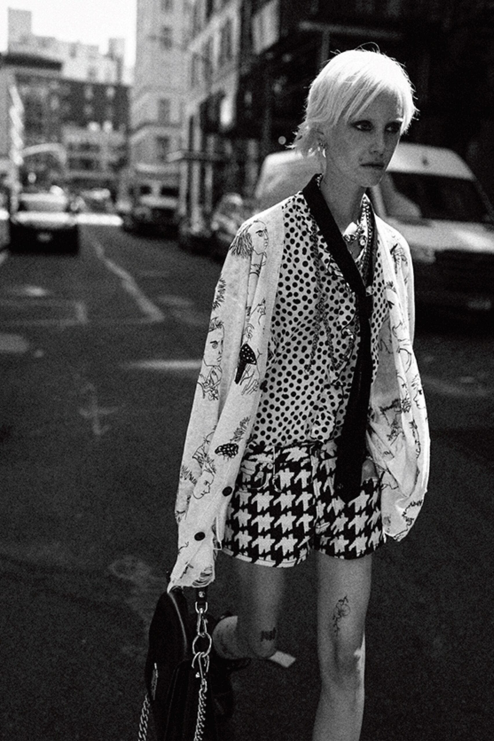 relaxed white printed shirt with houndstooth shorts