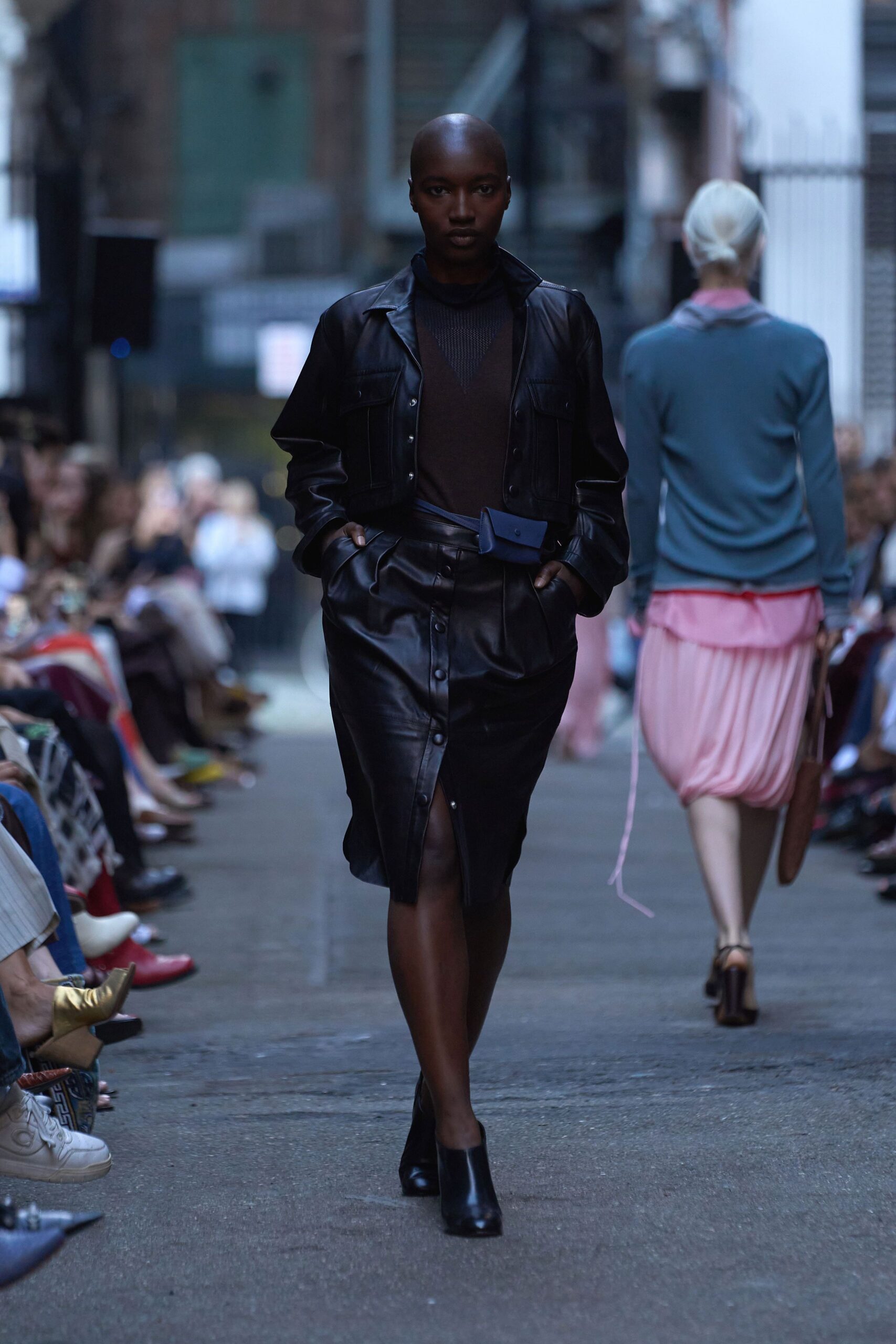 black leather midi dress and shoes
