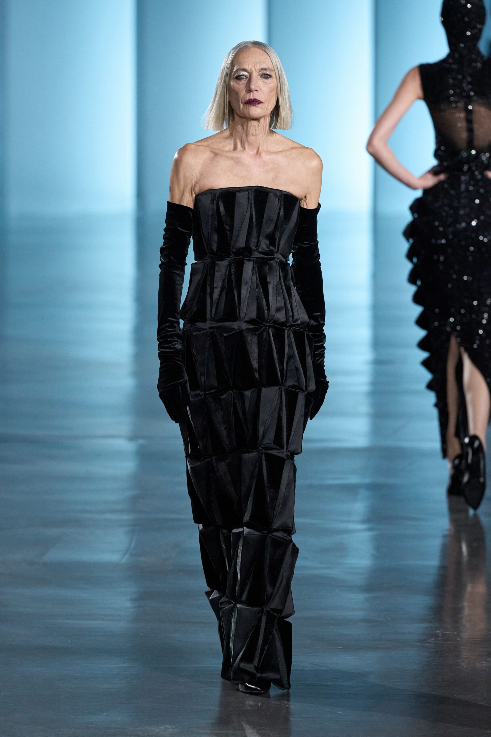 black silk strapless gown