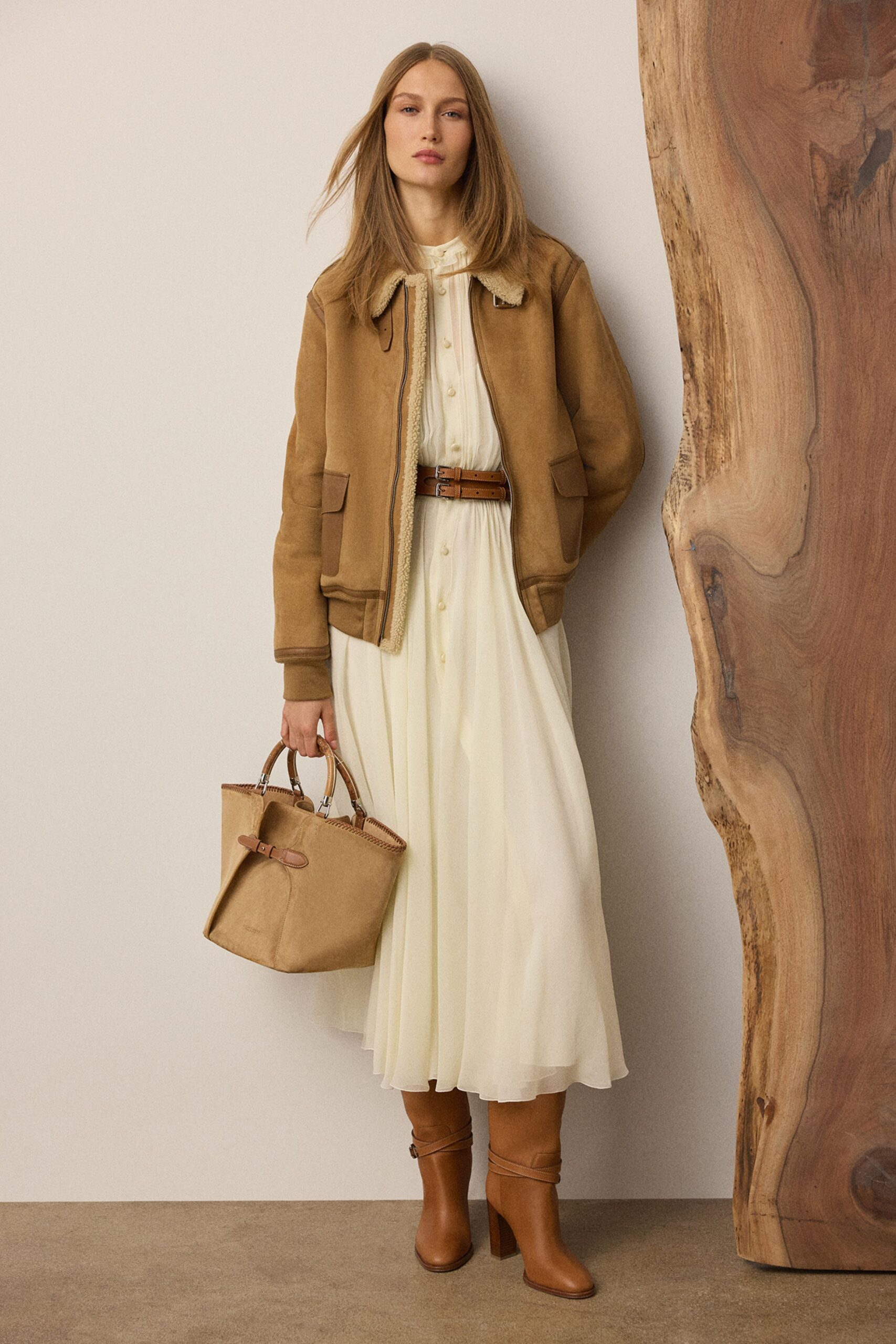white tiered maxi dress with brown jacket