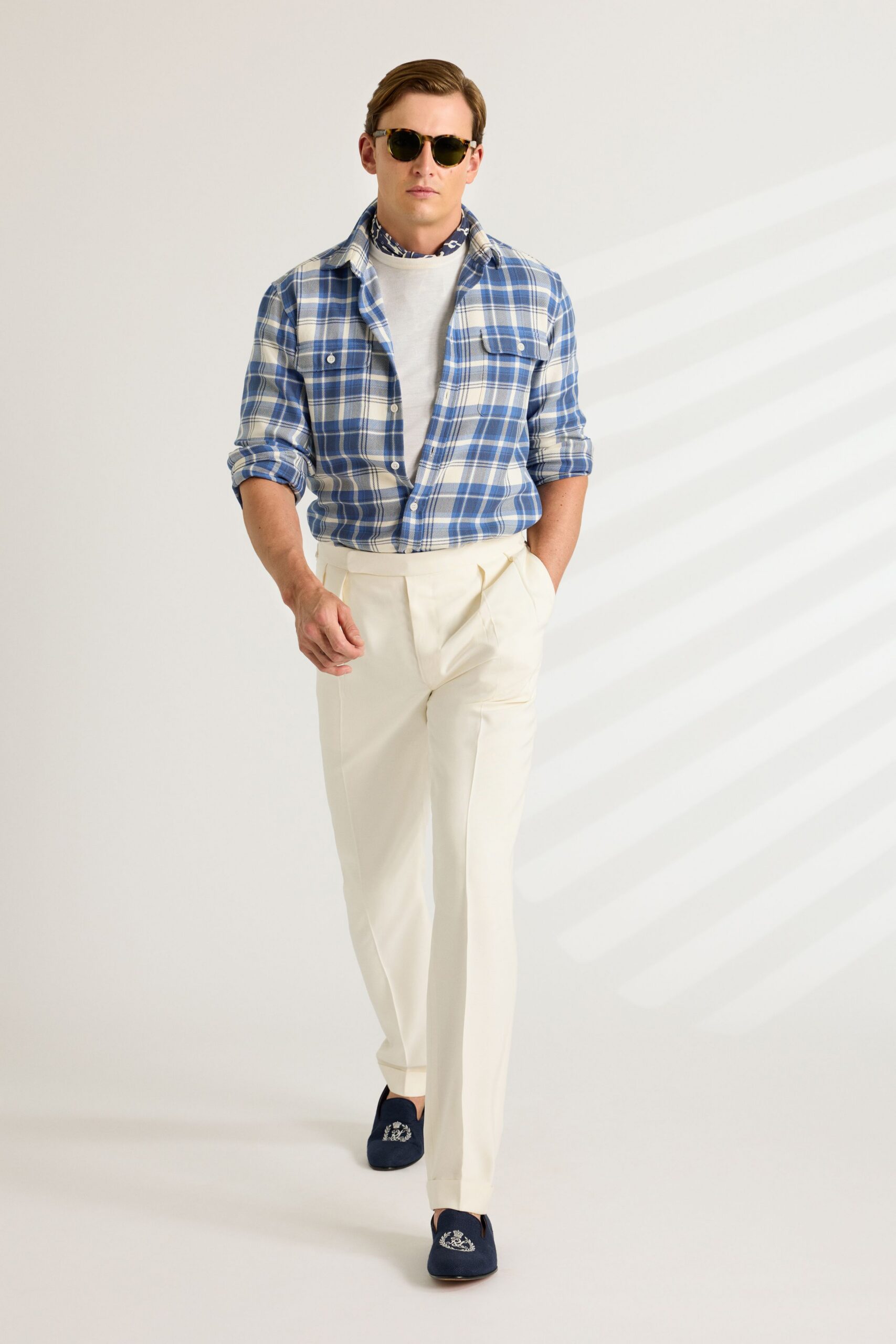 blue checked shirt with white pants