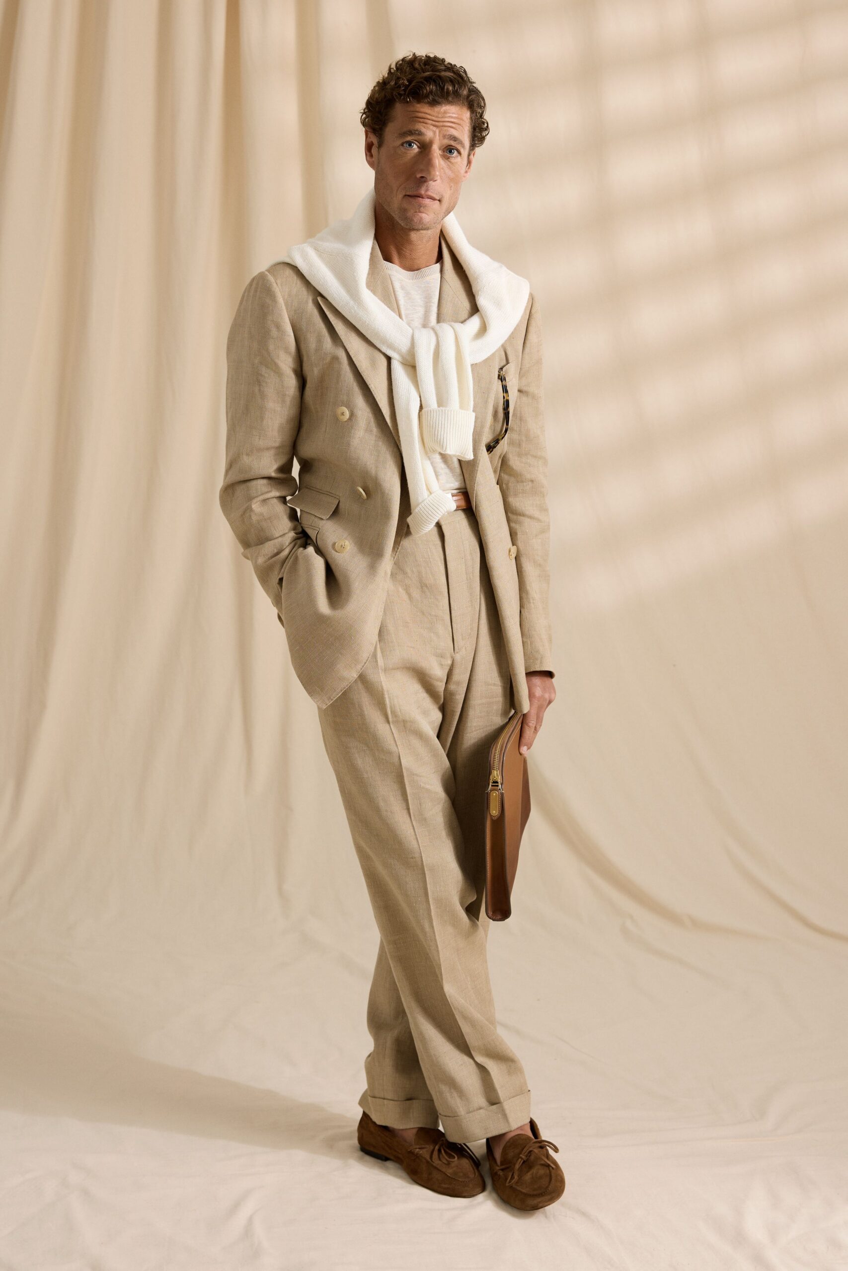 beige linen tailored suit