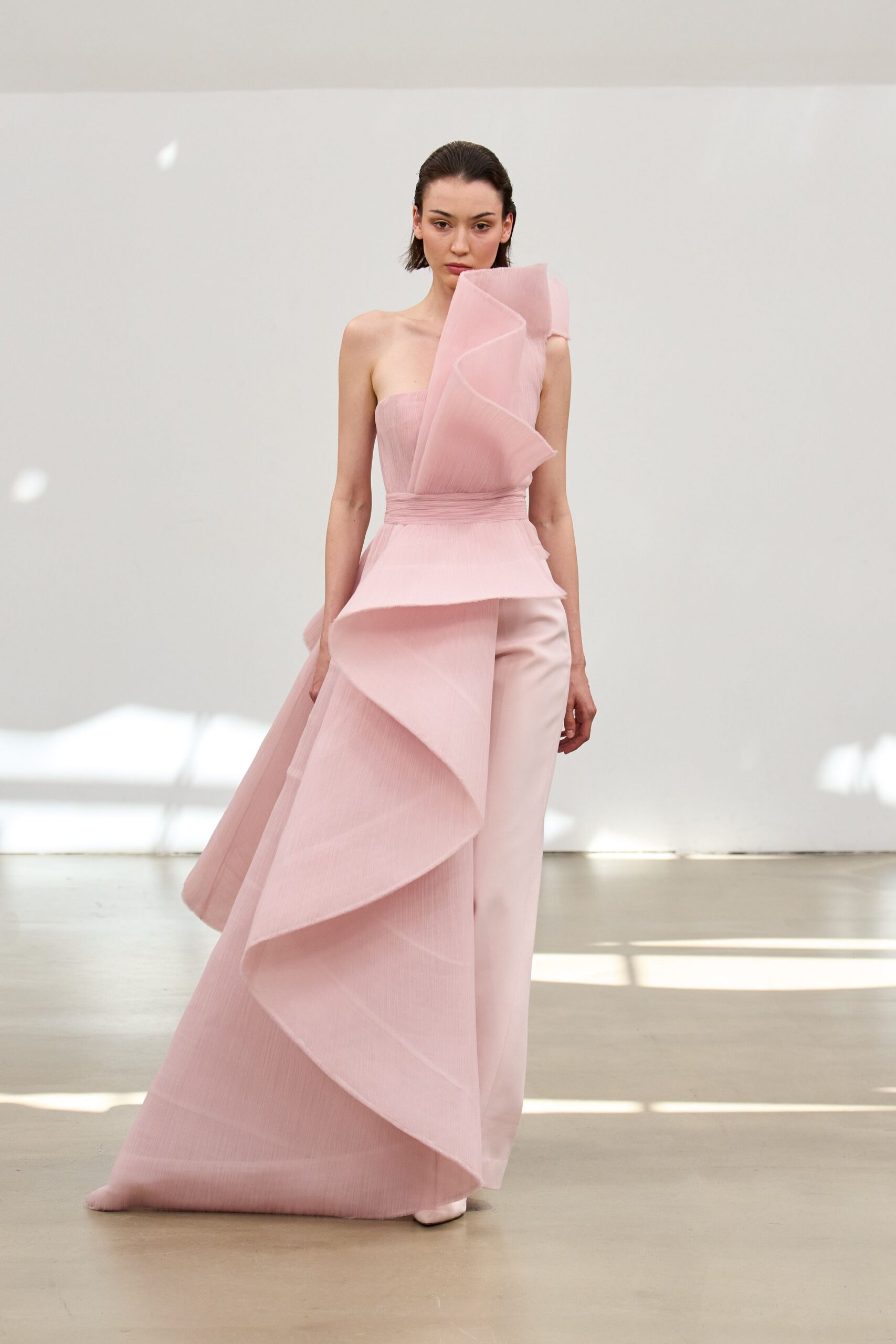pink silk sleeveless off-shoulder fitted draped layered gown