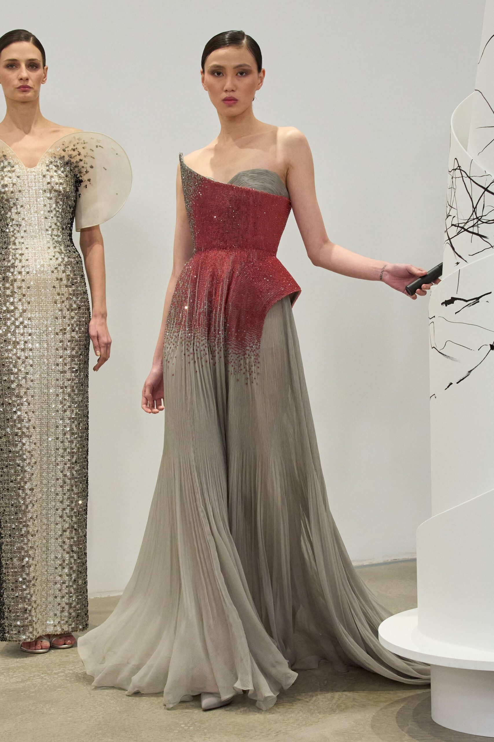 gray short-sleeve v-neck fitted sequined layered shiny gown