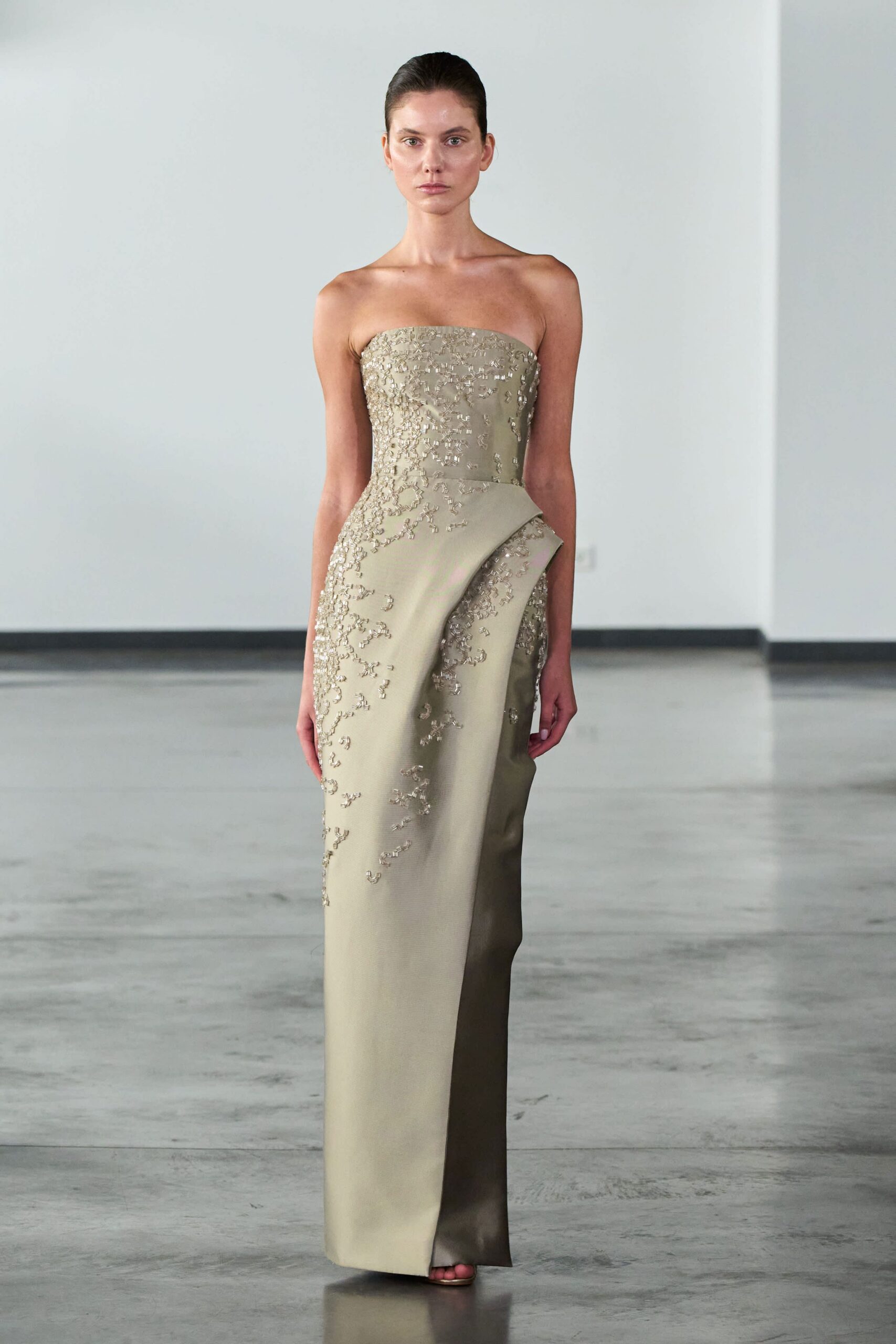 beige silk strapless gown