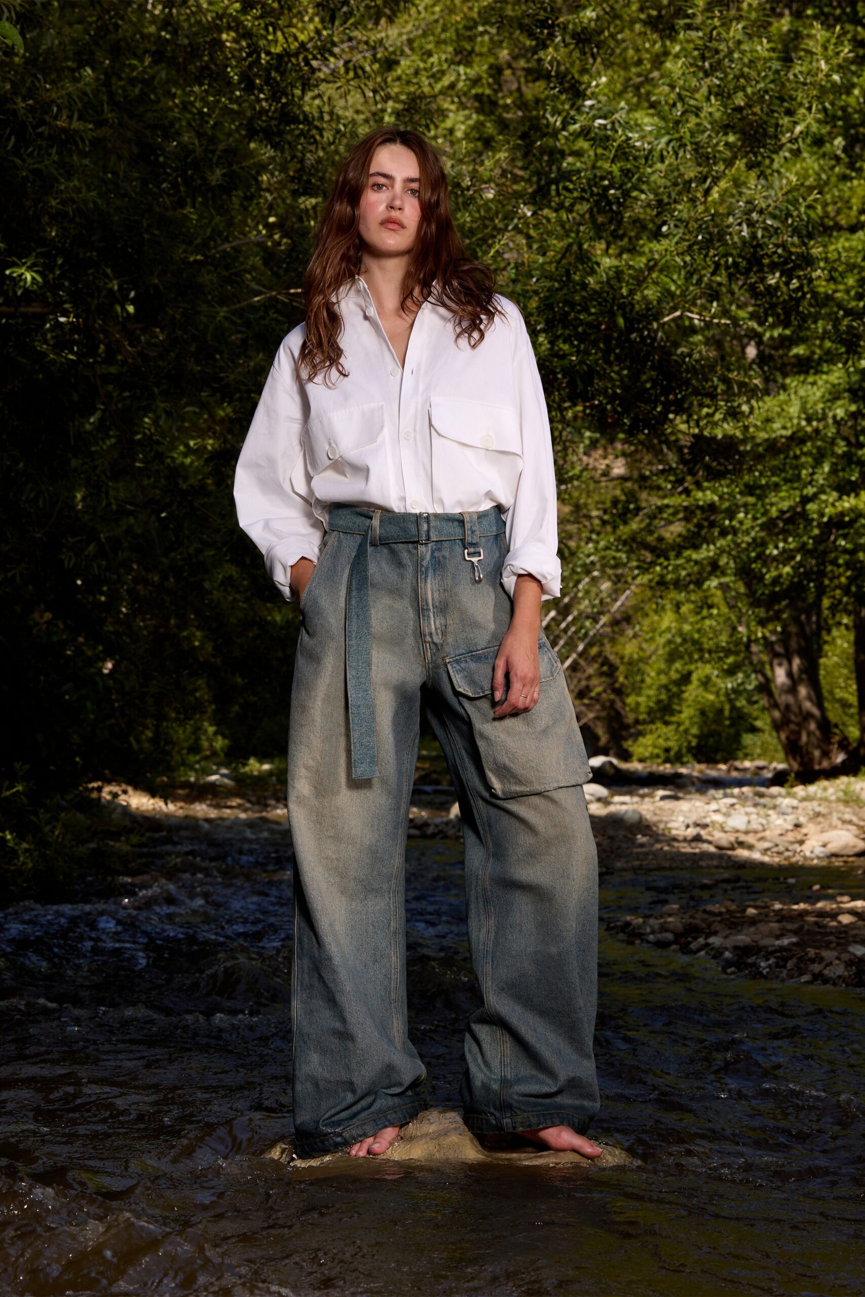 blue denim relaxed cargo pants