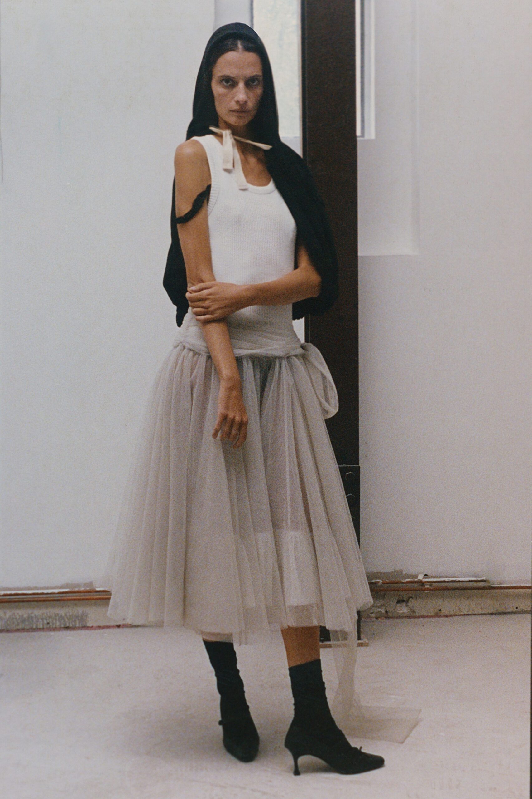 gray tulle relaxed tiered flowing midi skirt