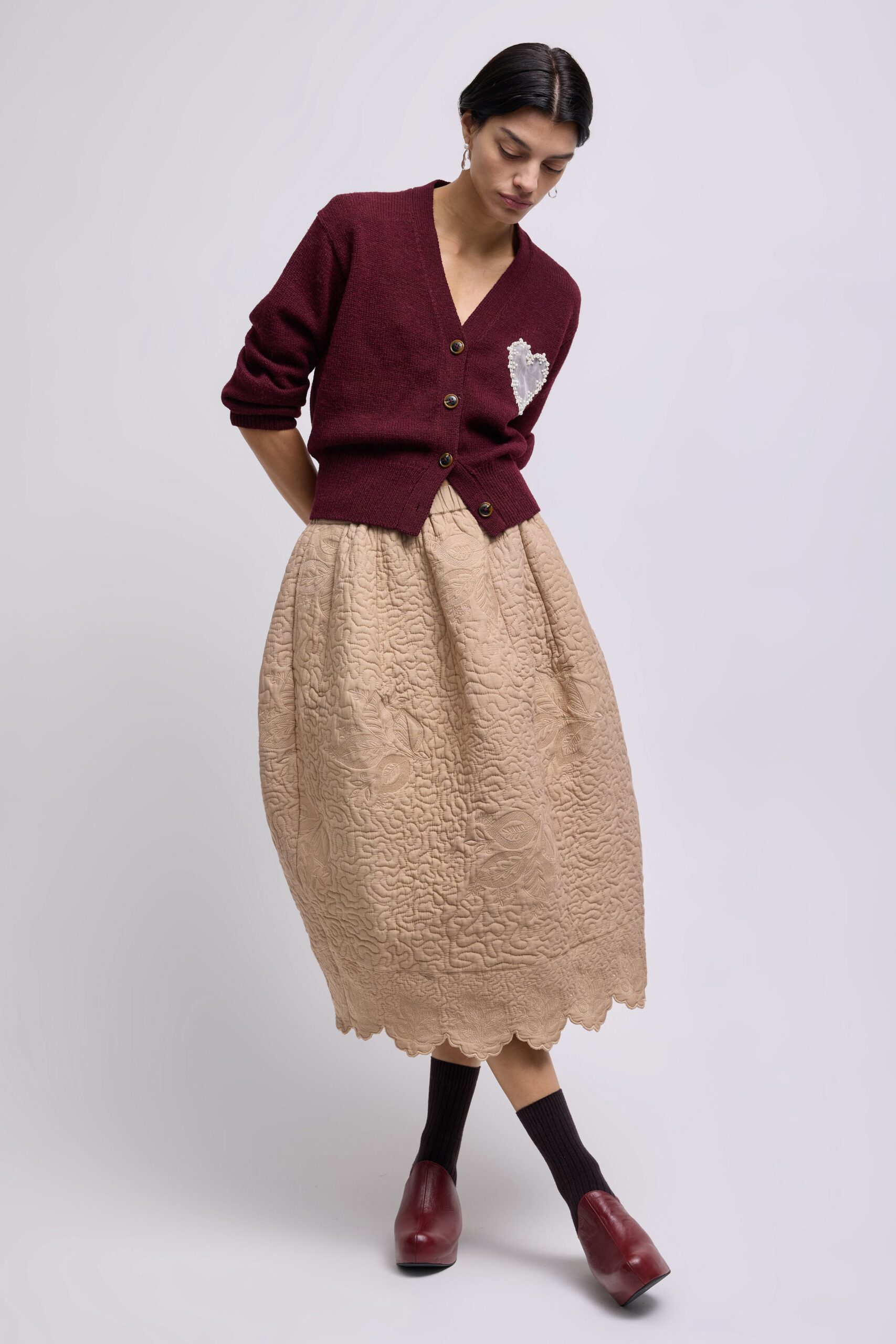 maroon wool long-sleeve collared fitted buttoned cardigan
