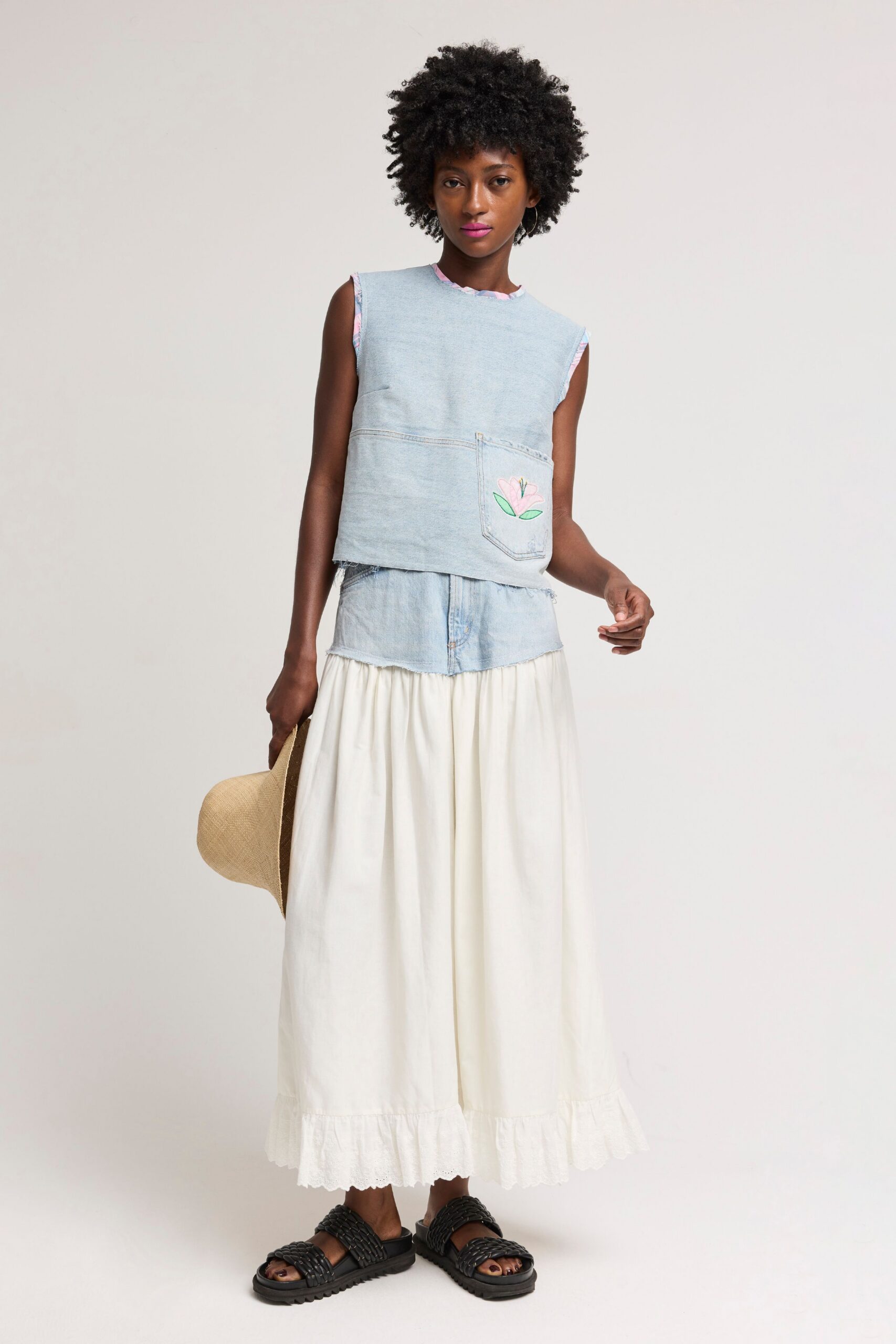 blue cotton sleeveless top with white tiered skirt