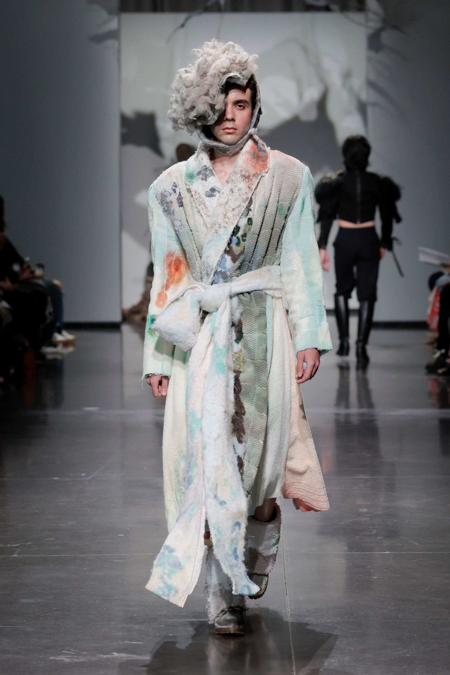 multi cotton long-sleeve collared relaxed layered draped coat