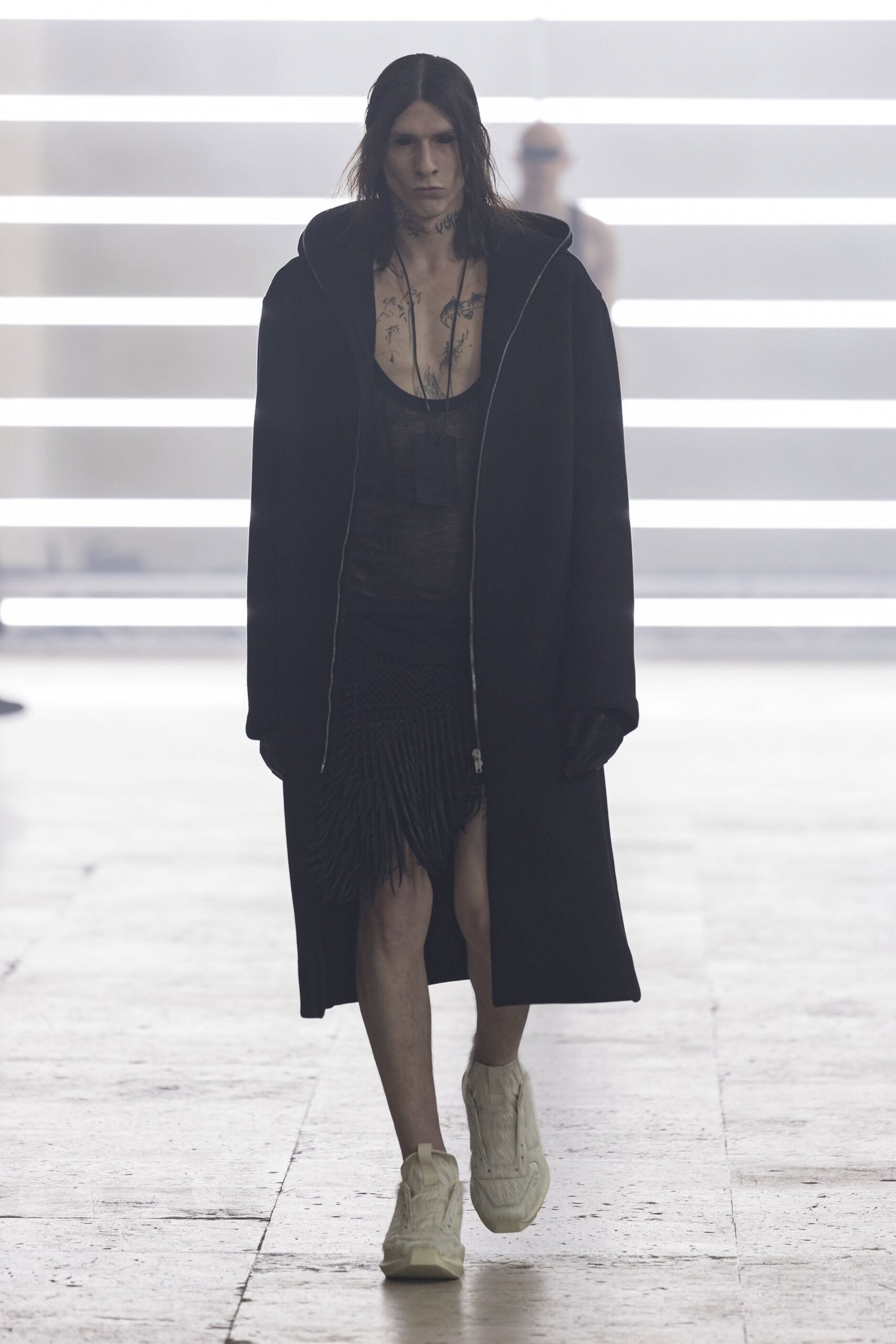 black oversized coat and mini dress