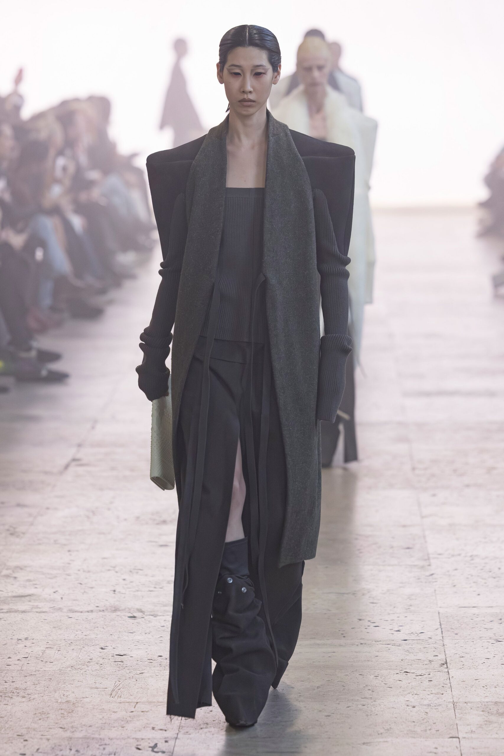 black wool long-sleeve v-neck fitted layered maxi dress