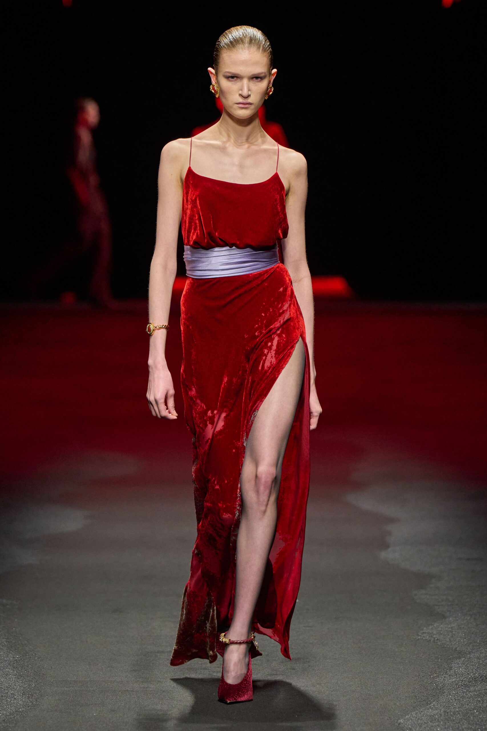 red velvet sleeveless v-neck fitted draped shiny gown