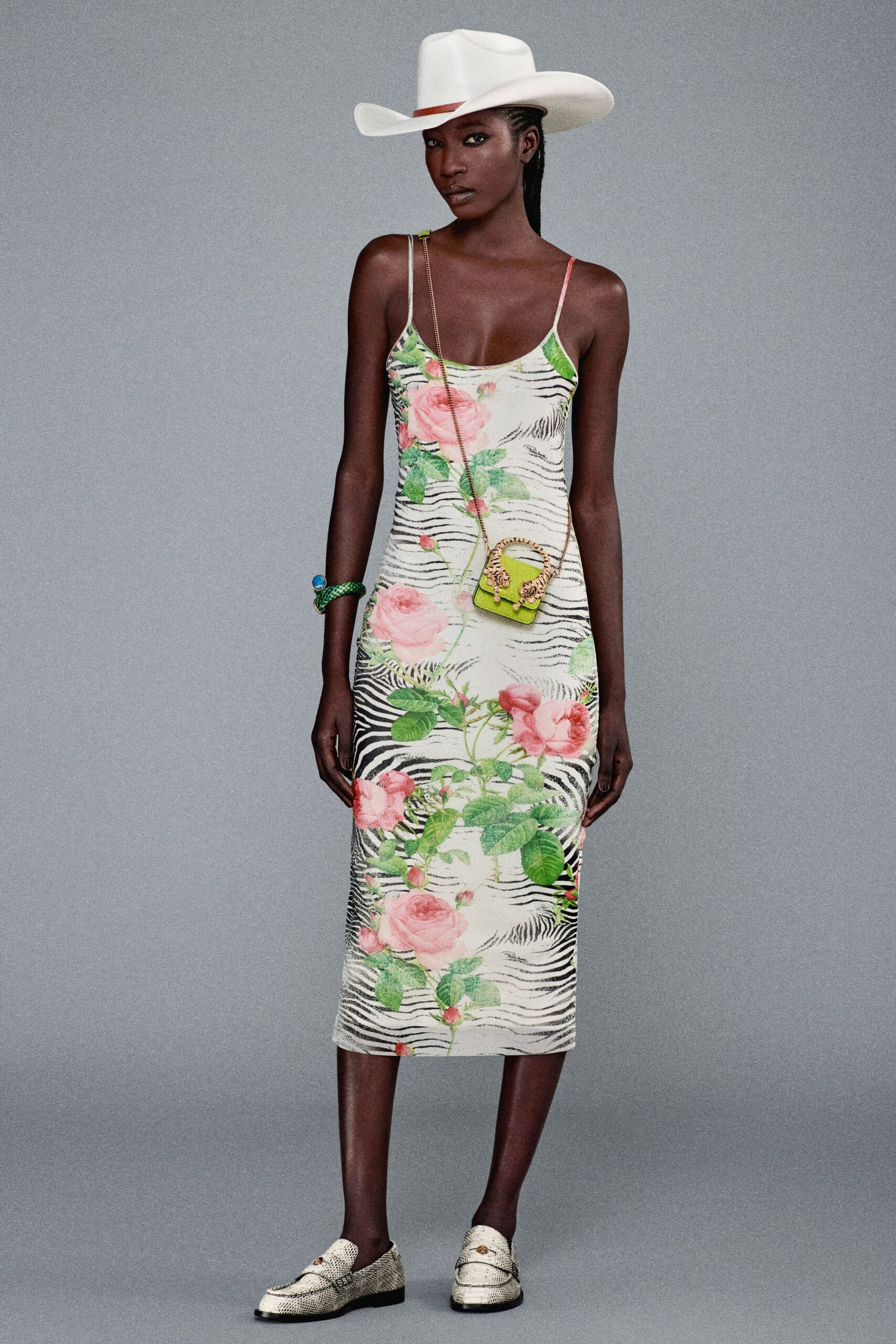 floral midi dress with accessories