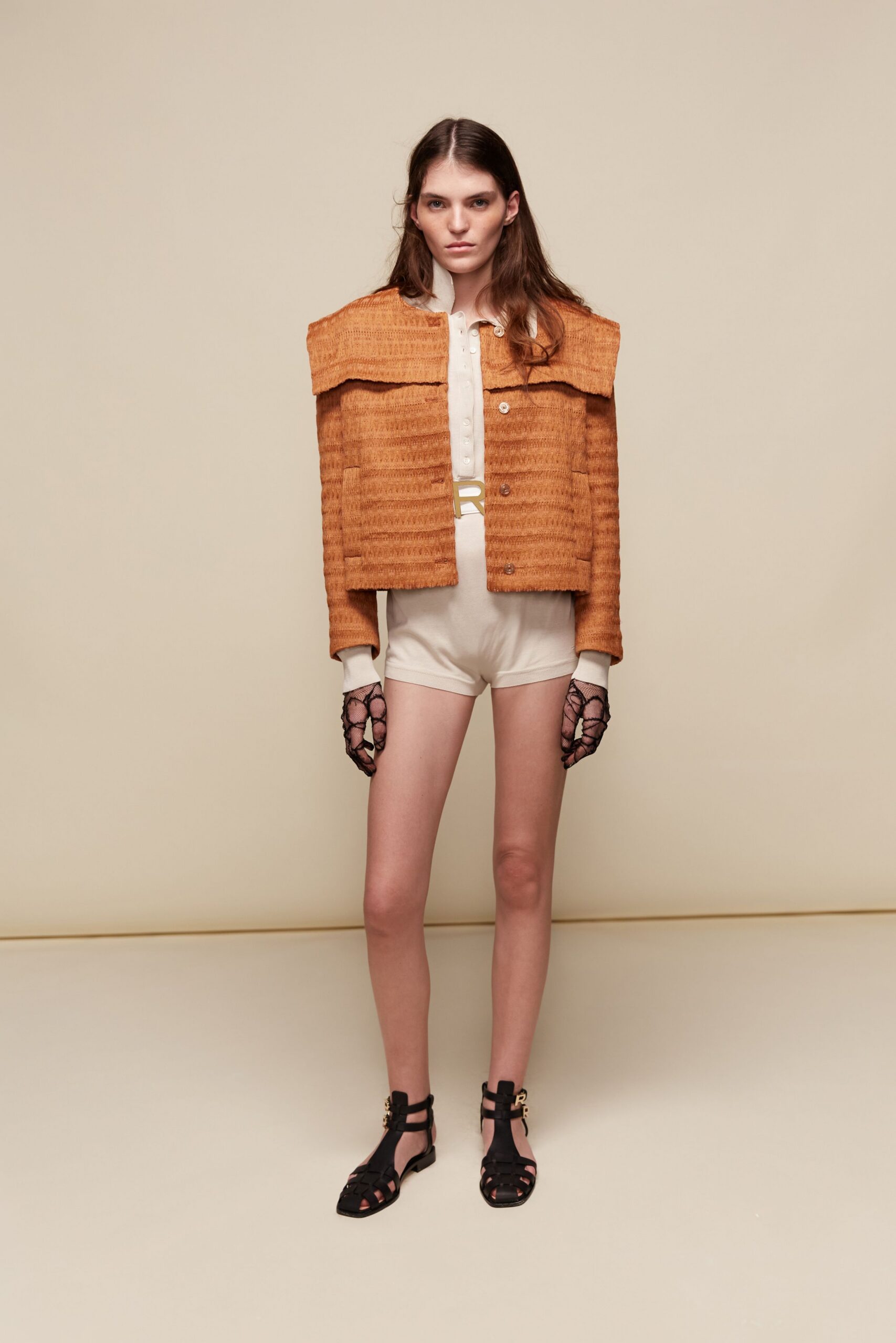 orange structured jacket with bodysuit