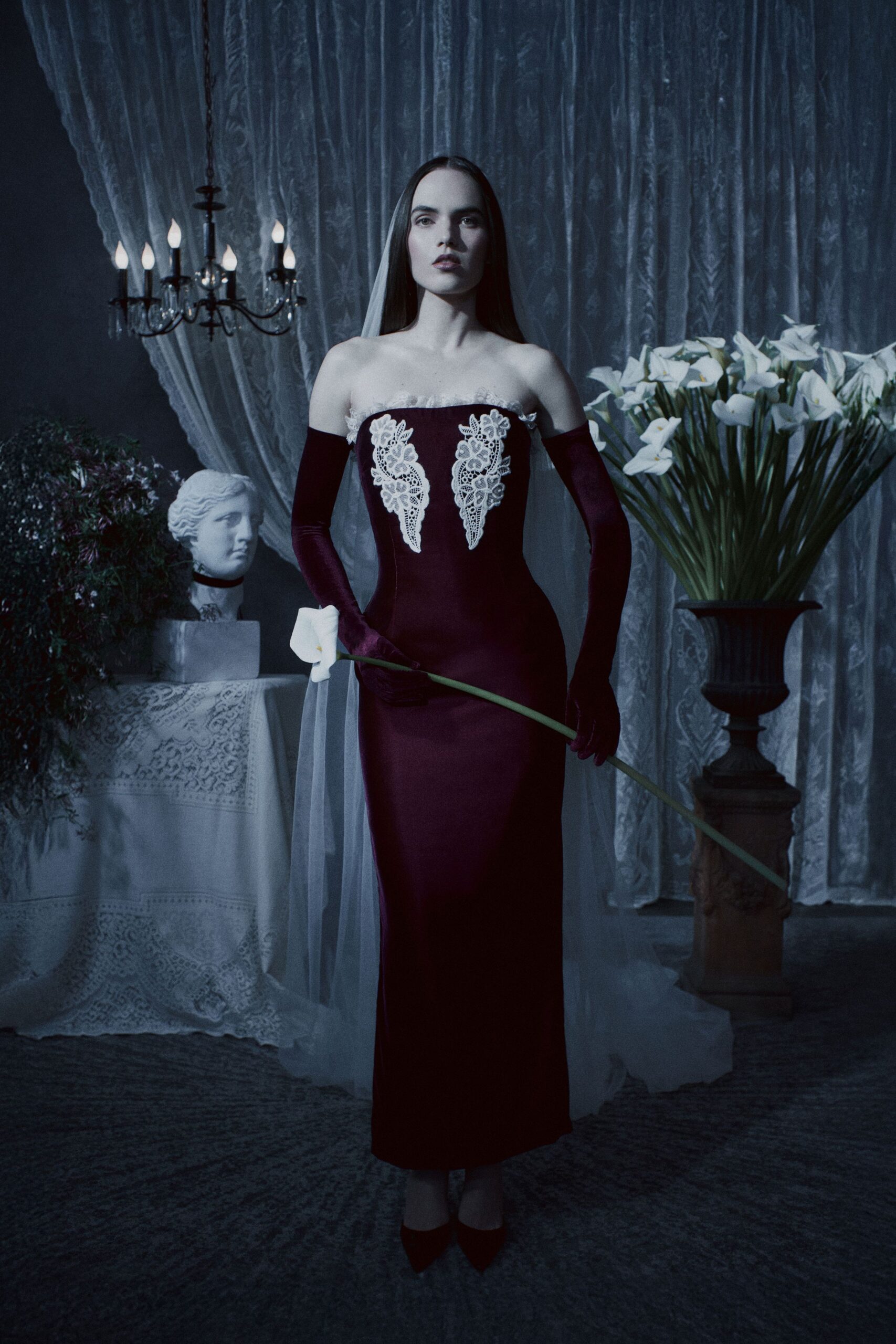 red silk strapless fitted embroidered maxi gown