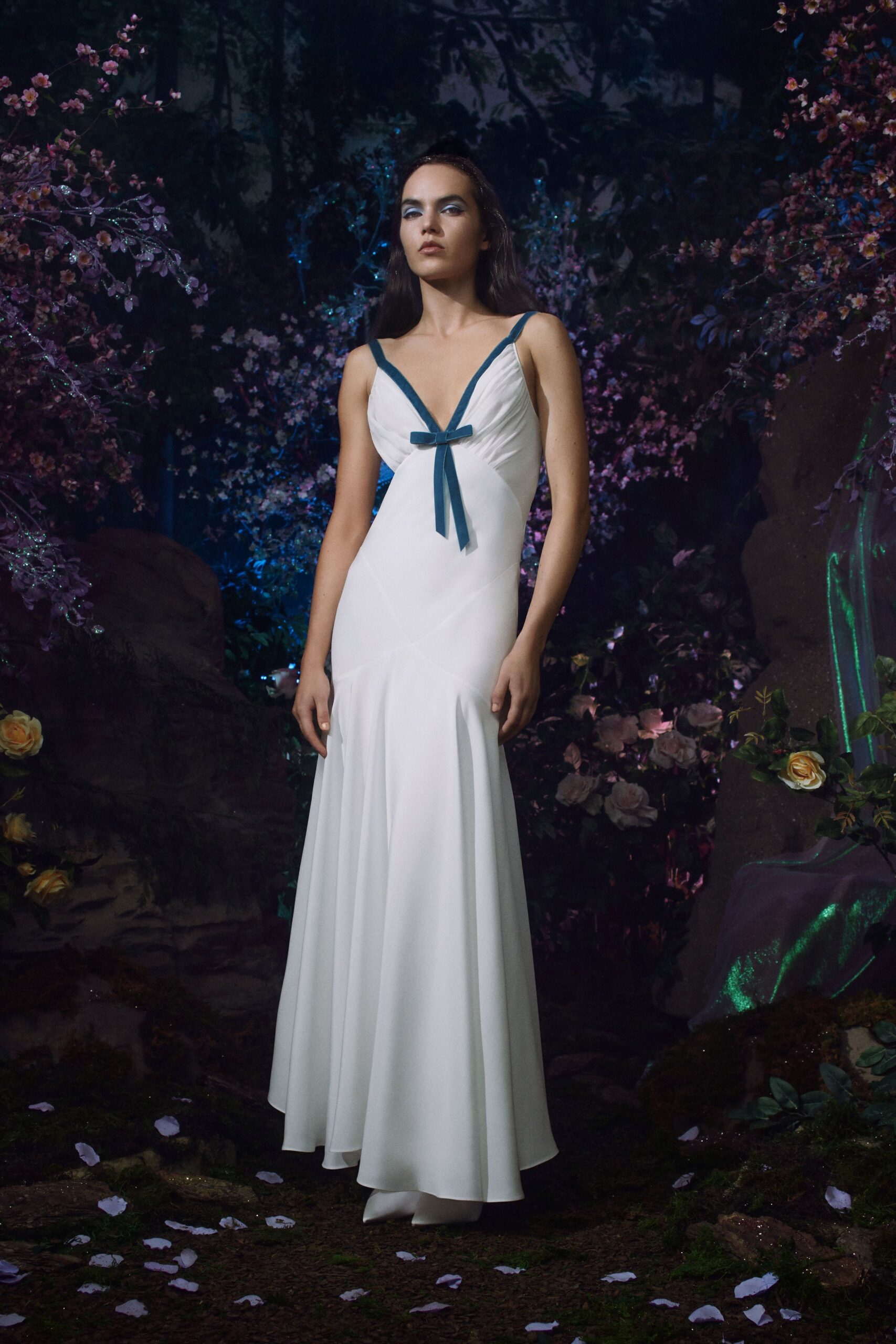 white silk fitted gown