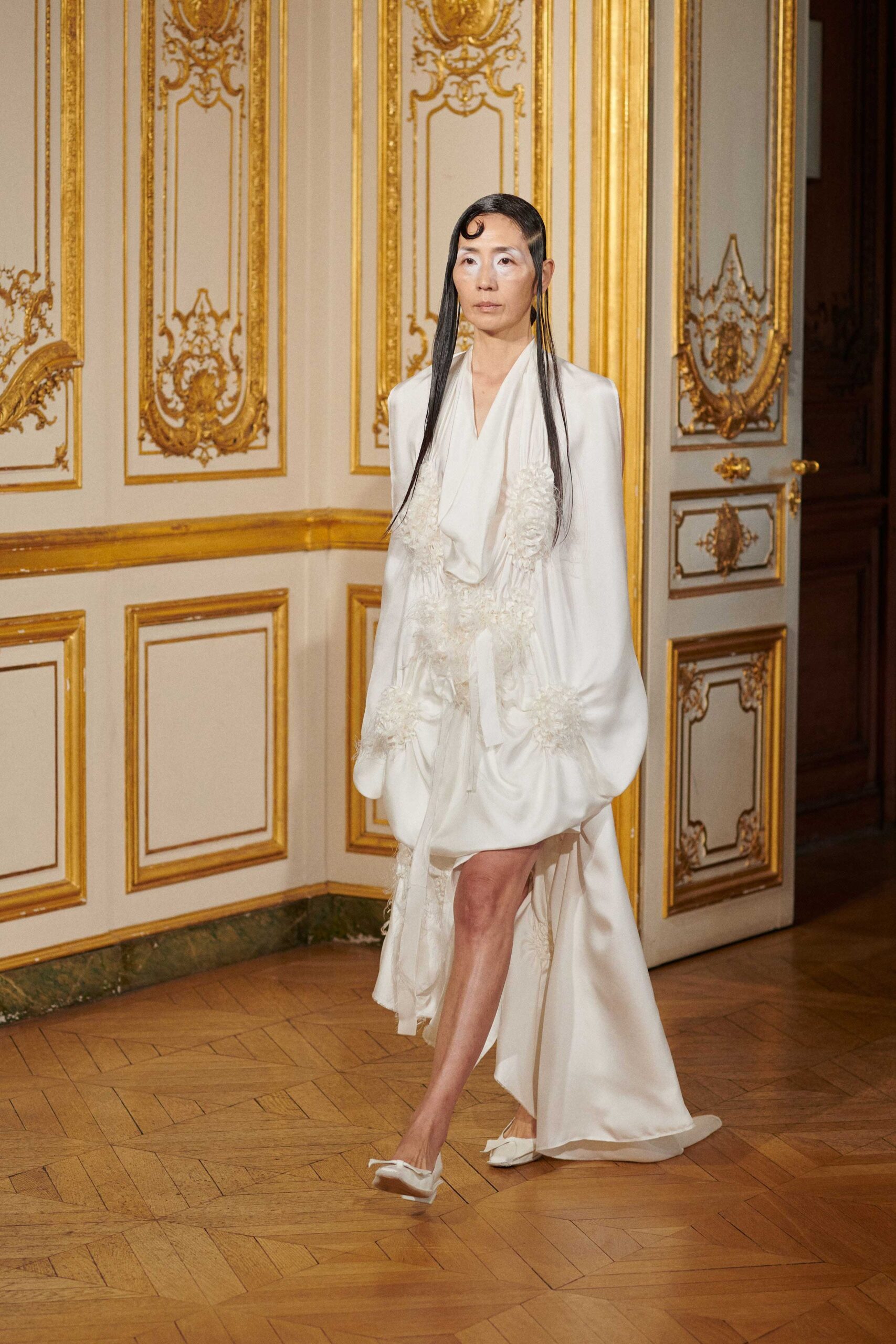 white silk draped midi dress