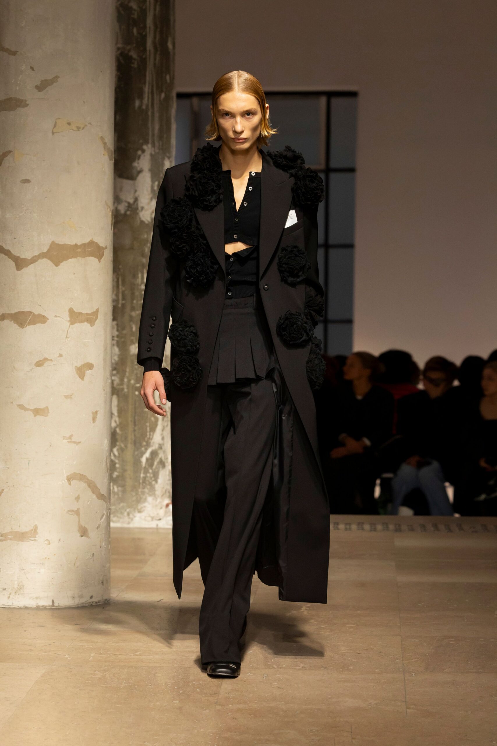 black wool long-sleeve collared fitted layered embellished coat