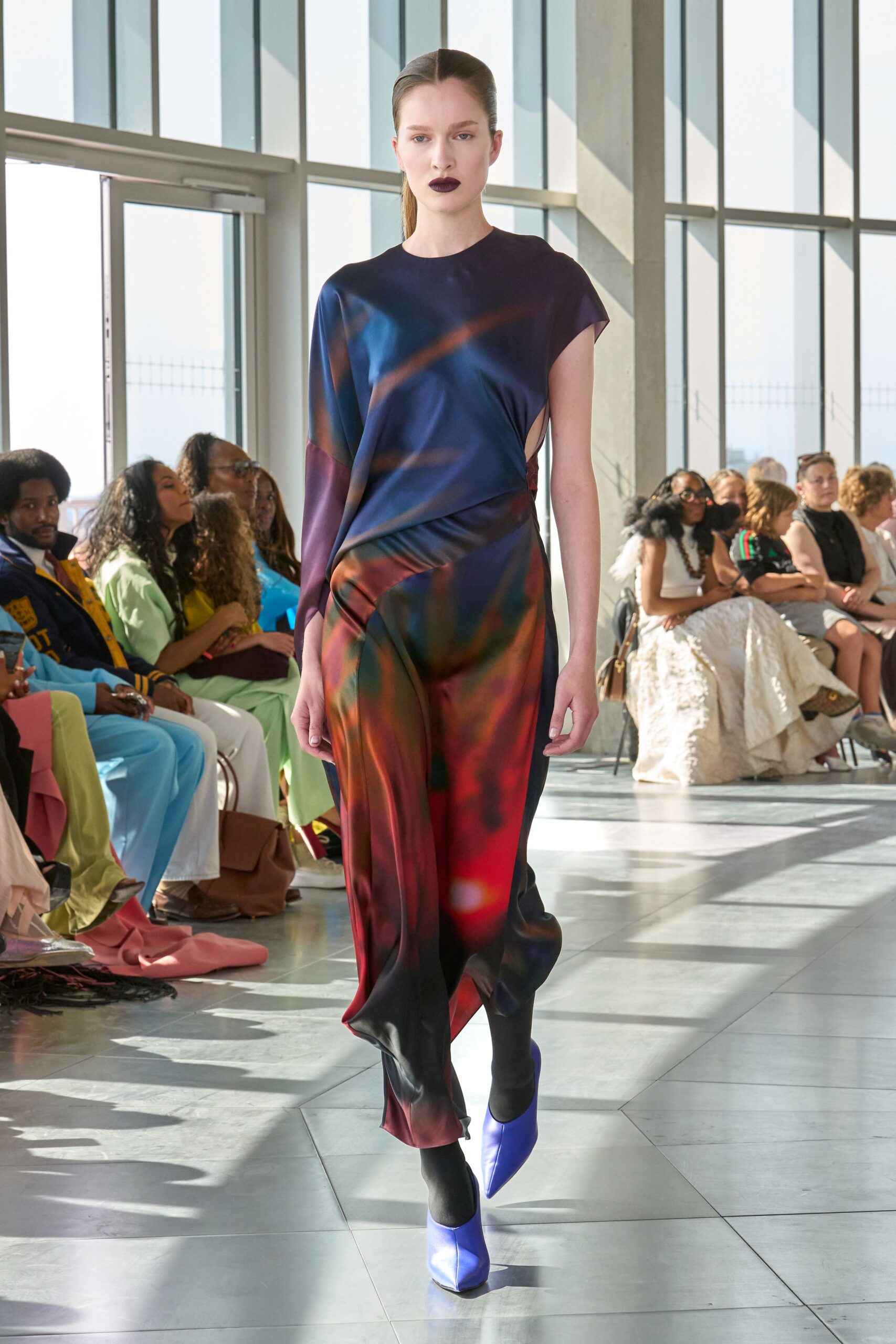 colorful silk midi dress with blue shoes