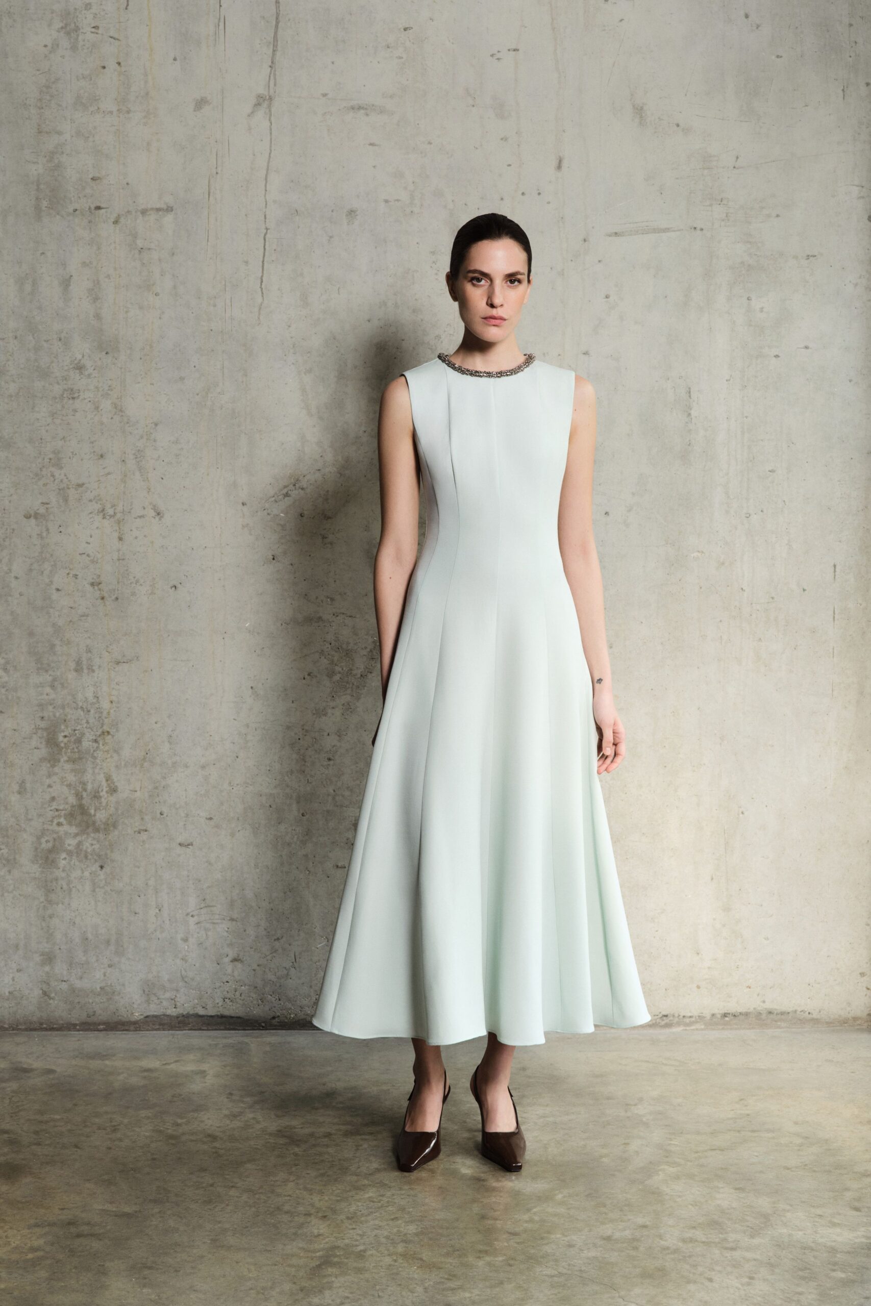 blue silk sleeveless v-neck fitted a-line midi dress