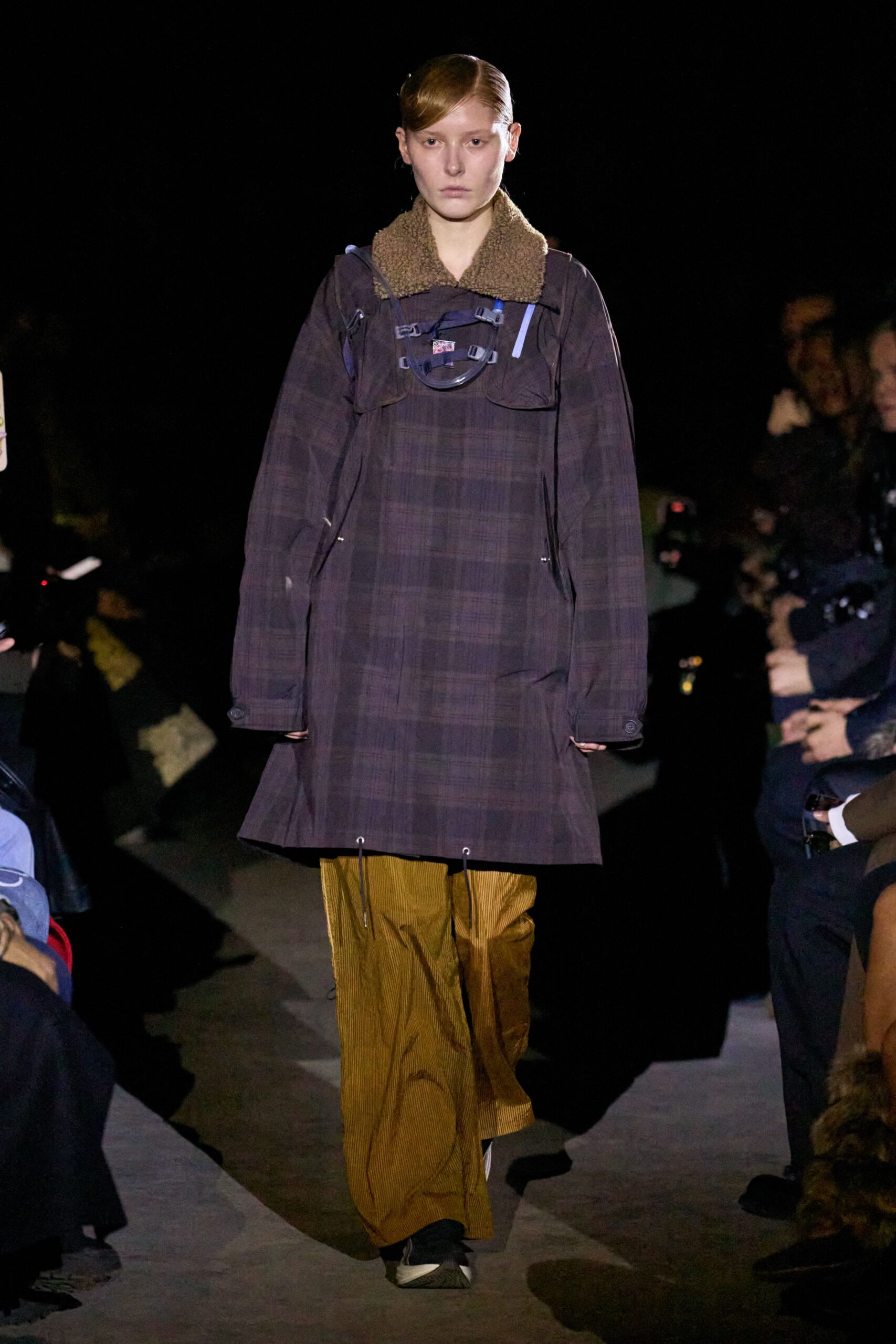 relaxed purple coat with wide-leg pants