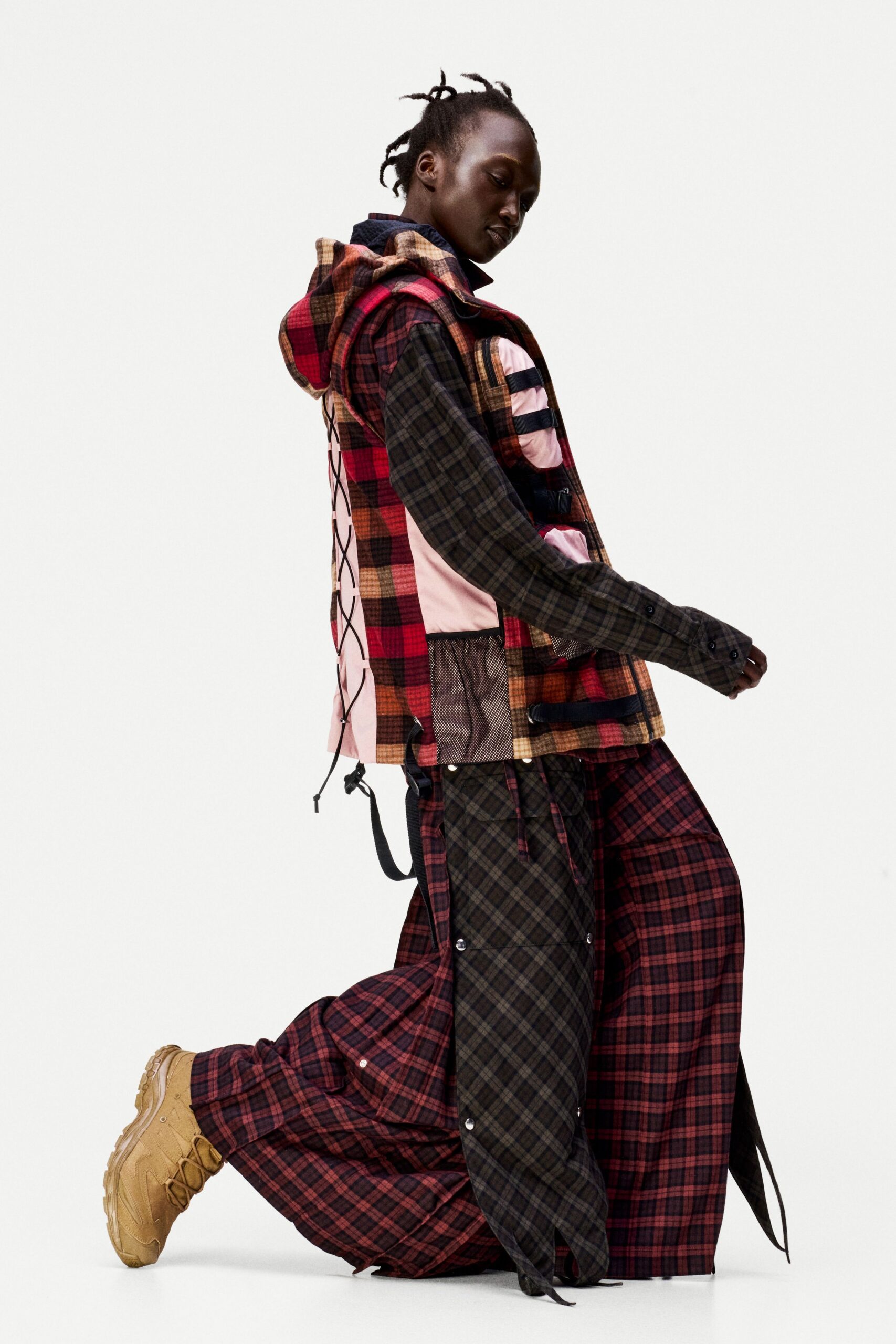 checked jacket and pants with boots