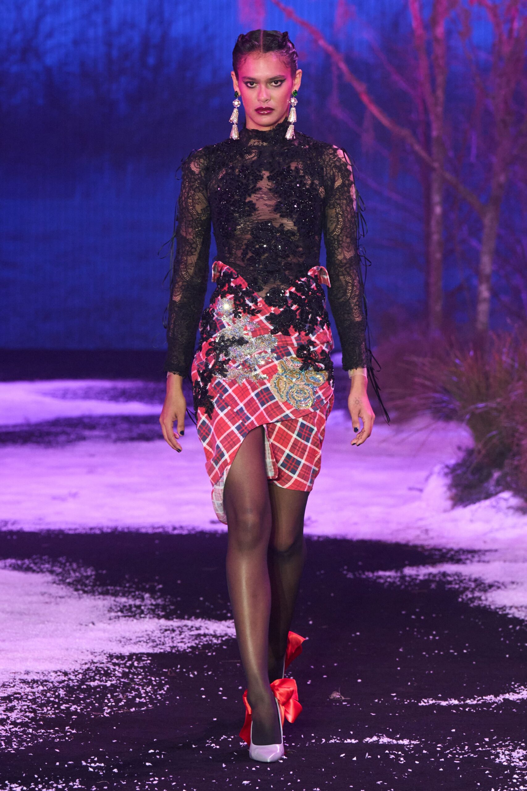 black lace long-sleeve high-neck fitted ruffled embroidered dress