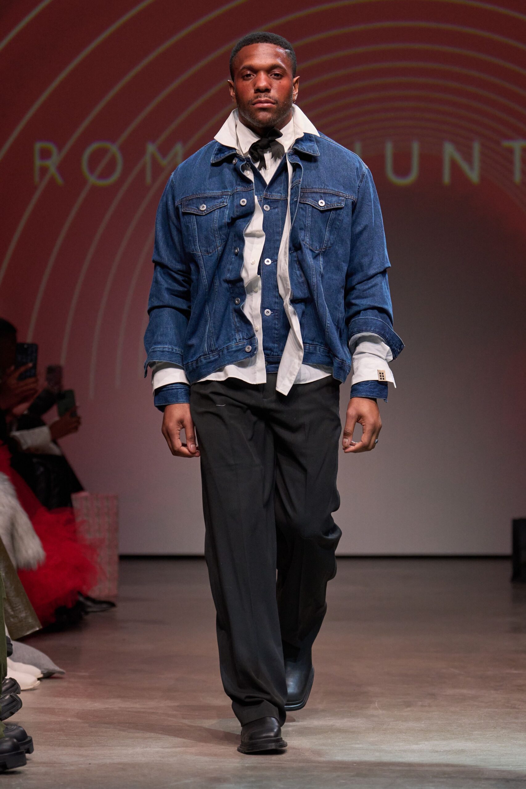 blue denim jacket with black pants